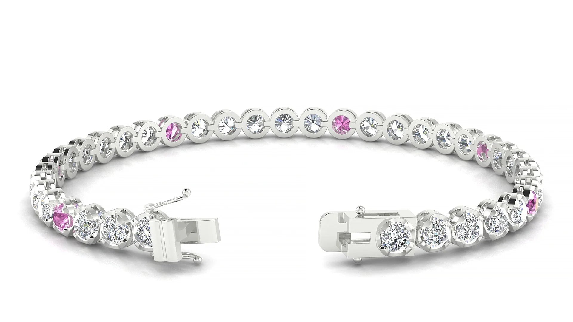Bengal 1-5 | 18k White Gold 3.4 mm Round Natural Pink Sapphire & Diamond Tennis Bracelet