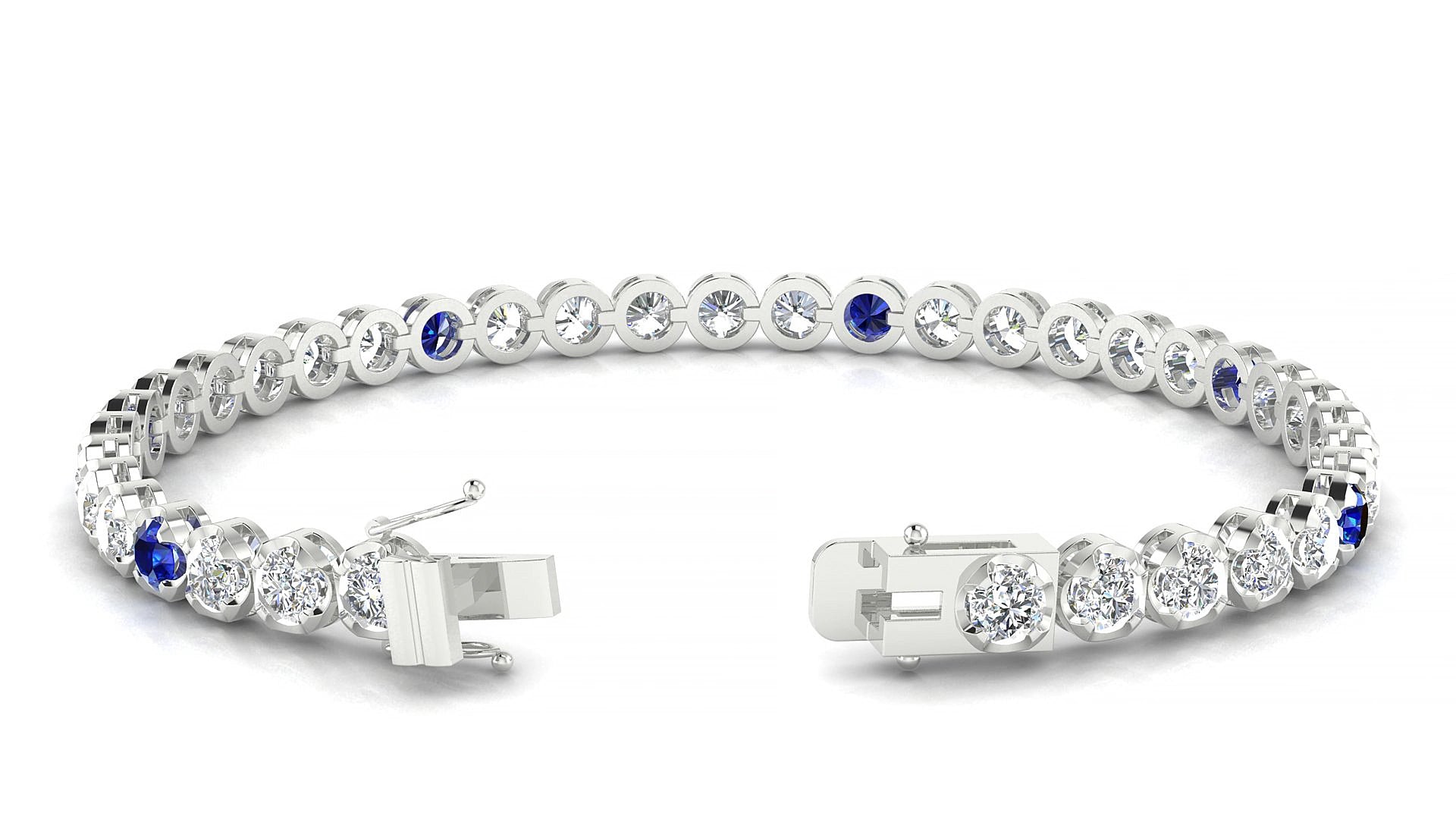 Bengal 1-5 | 18k White Gold 3.4 mm Round Natural Sapphire & Diamond 15 cm Tennis Bracelet