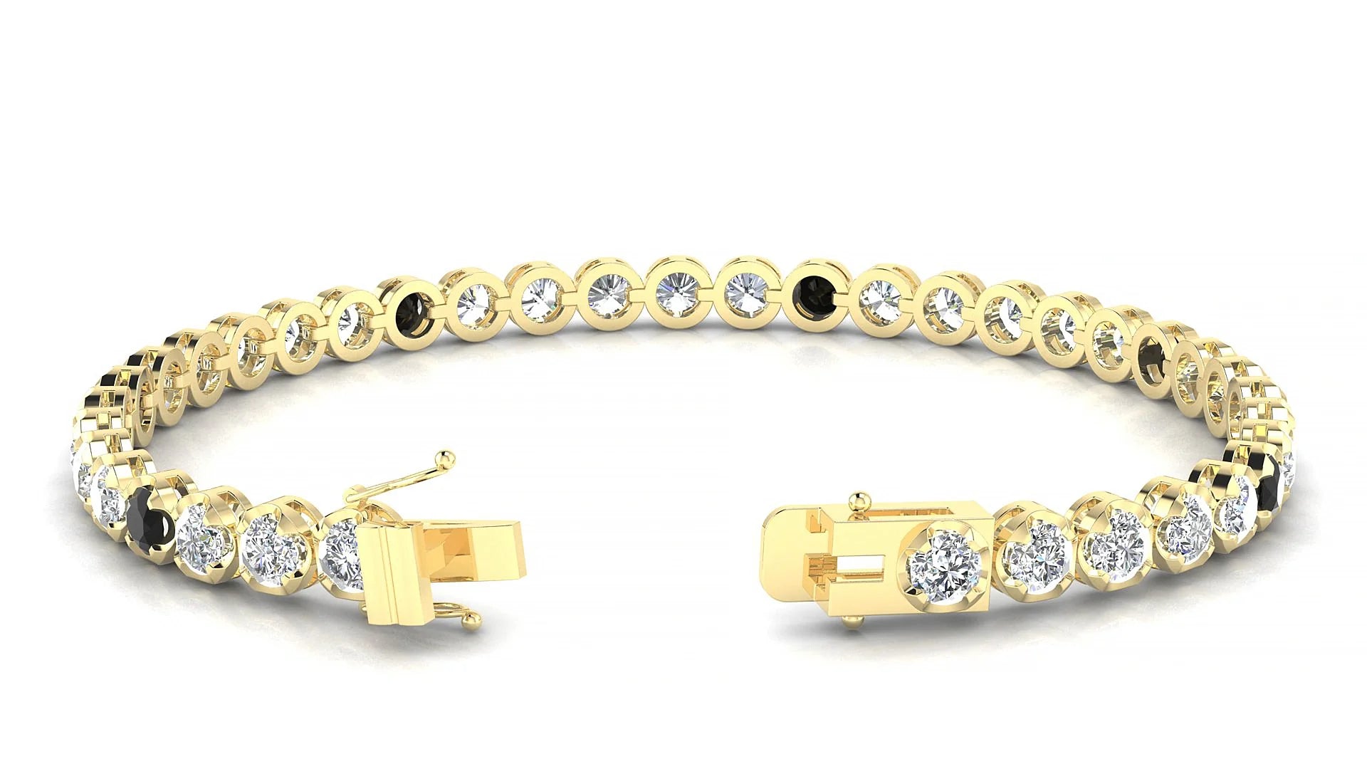 Bengal 1-5 | 18k Yellow Gold 3.4 mm Round Natural Black Diamond & Diamond Tennis Bracelet