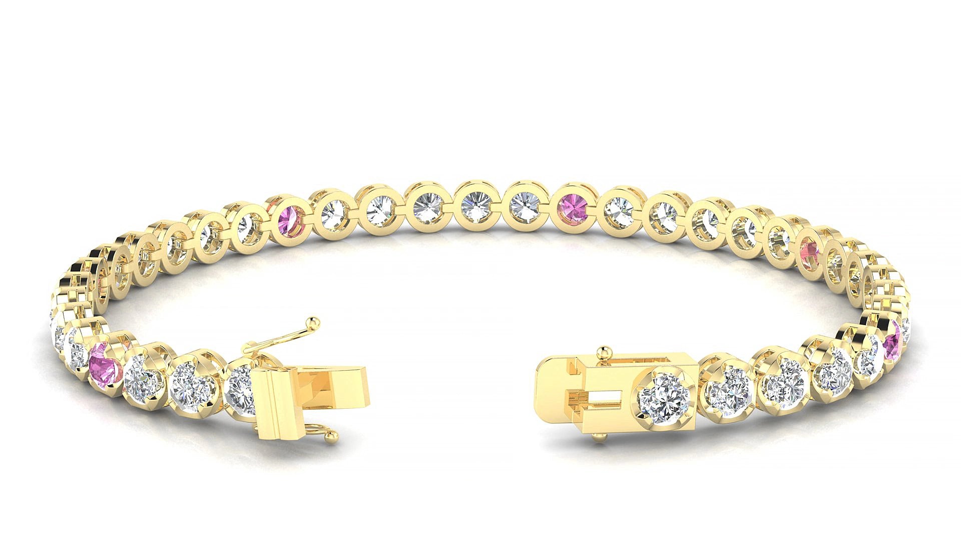 Bengal 1-5 | 18k Yellow Gold 3.4 mm Round Natural Pink Sapphire & Diamond 19 cm Tennis Bracelet