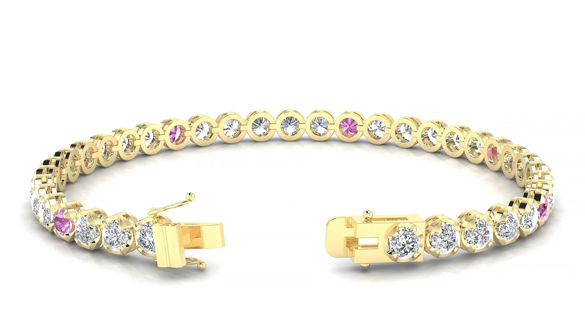 Bengal 1-5 | 18k Yellow Gold 3.4 mm Round Natural Pink Sapphire & Diamond Tennis Bracelet