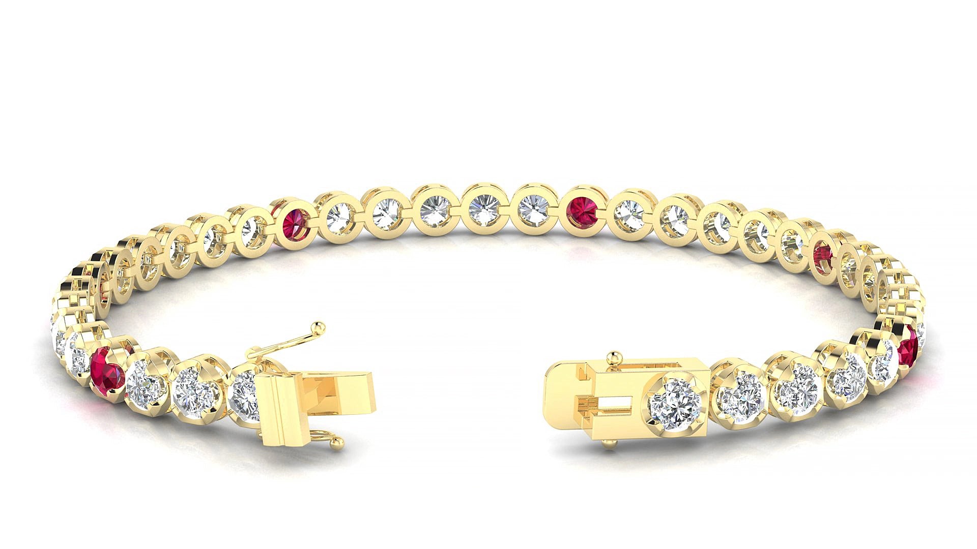 Bengal 1-5 | 18k Yellow Gold 3.4 mm Round Natural Ruby & Diamond 15 cm Tennis Bracelet
