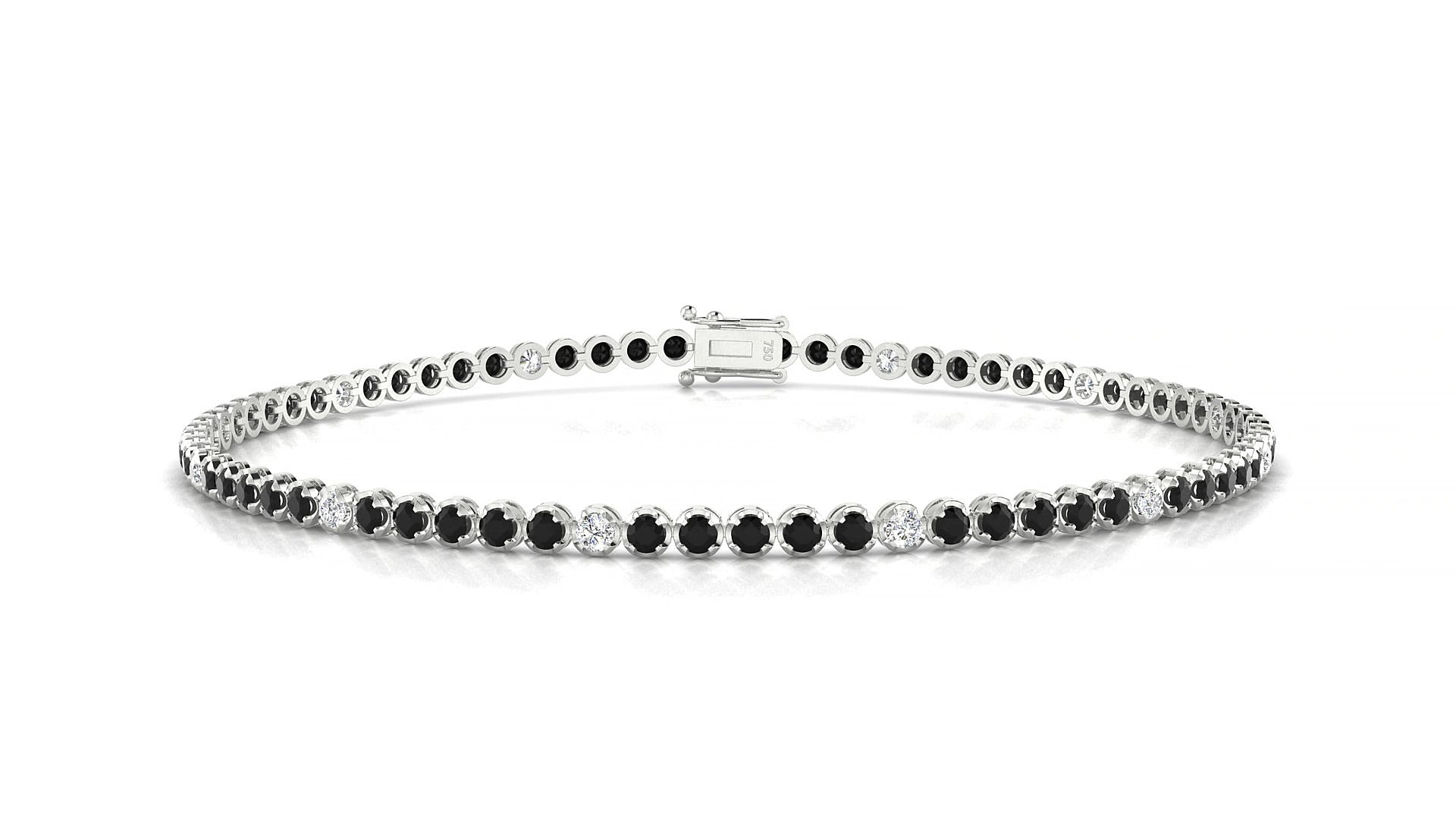Bengal 5-1 | 18k White Gold 1.7 mm Round Natural Black Diamond & Diamond 15 cm Tennis Bracelet