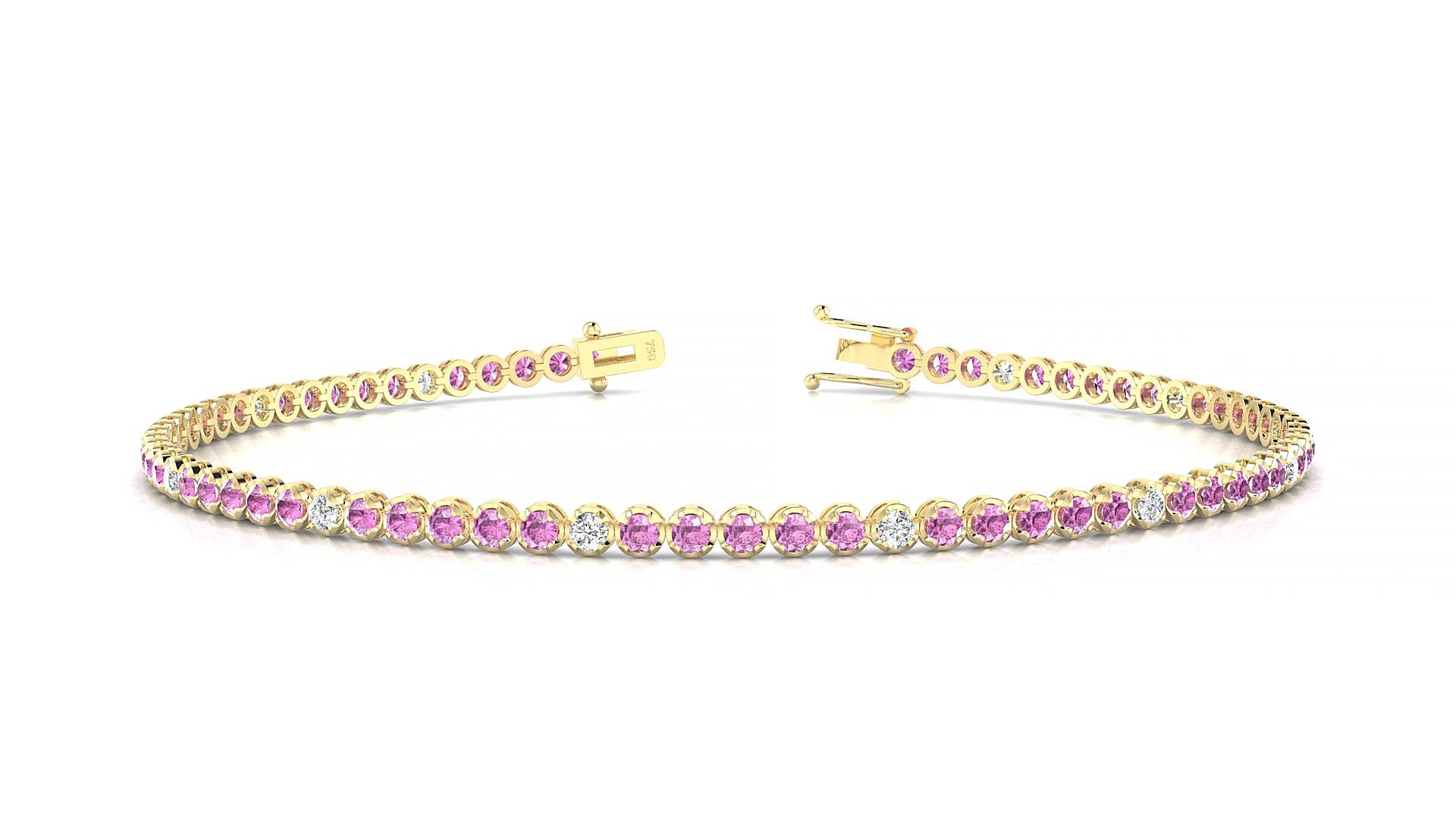 Bengal 5-1 | 18k Yellow Gold 1.7 mm Round Natural Pink Sapphire & Diamond 17 cm Tennis Bracelet