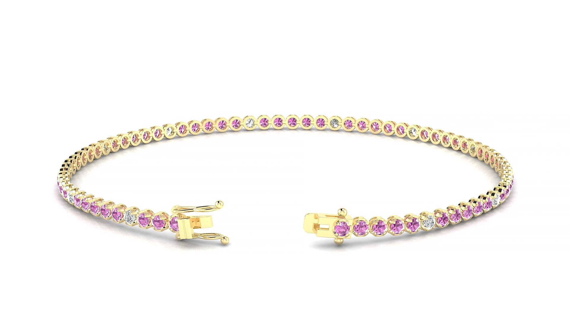 Bengal 5-1 | 18k Yellow Gold 1.7 mm Round Natural Pink Sapphire & Diamond 18 cm Tennis Bracelet