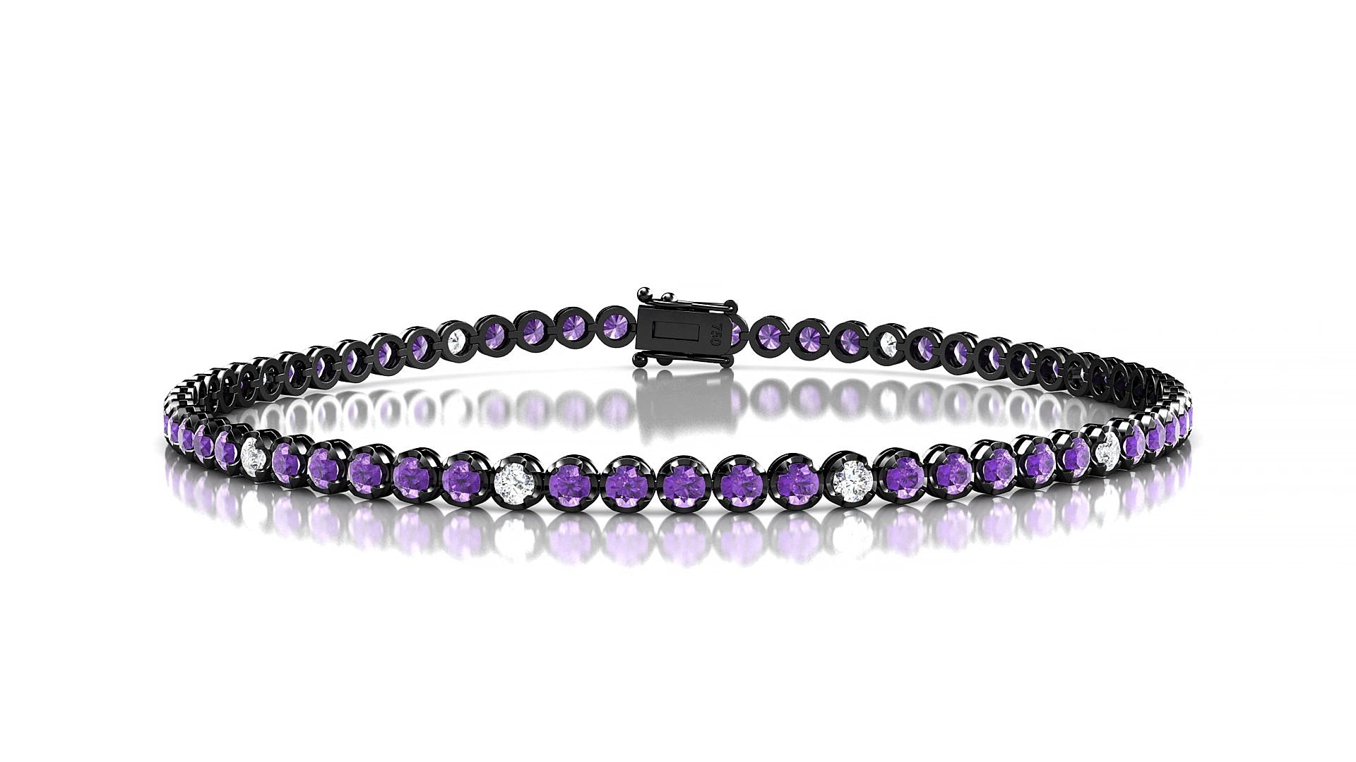 Bengal 5-1 | 18k Black Gold 2 mm Round Natural Amethyst & Diamond 17 cm Tennis Bracelet