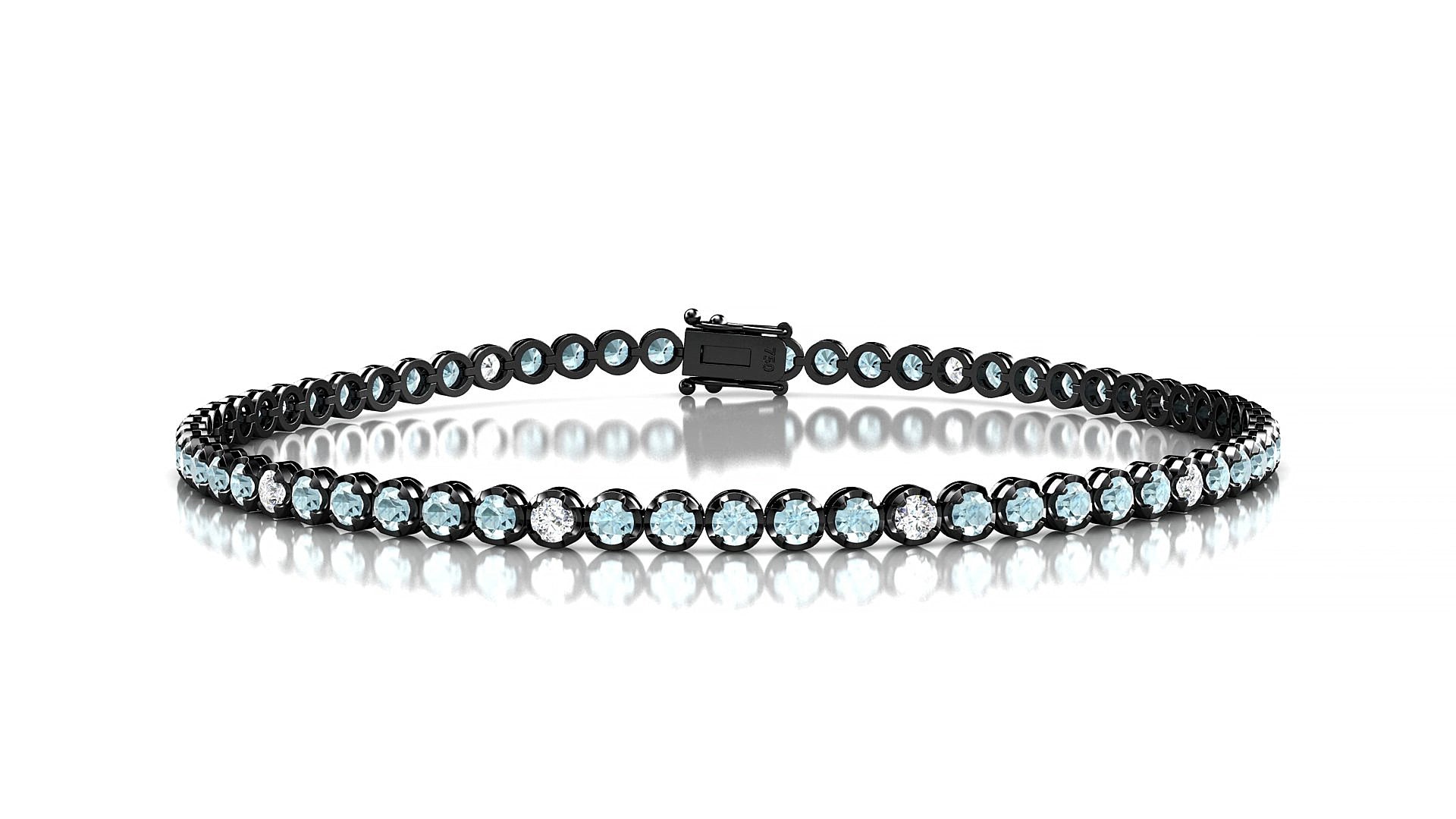 Bengal 5-1 | 18k Black Gold 2 mm Round Natural Aquamarine & Diamond 15 cm Tennis Bracelet