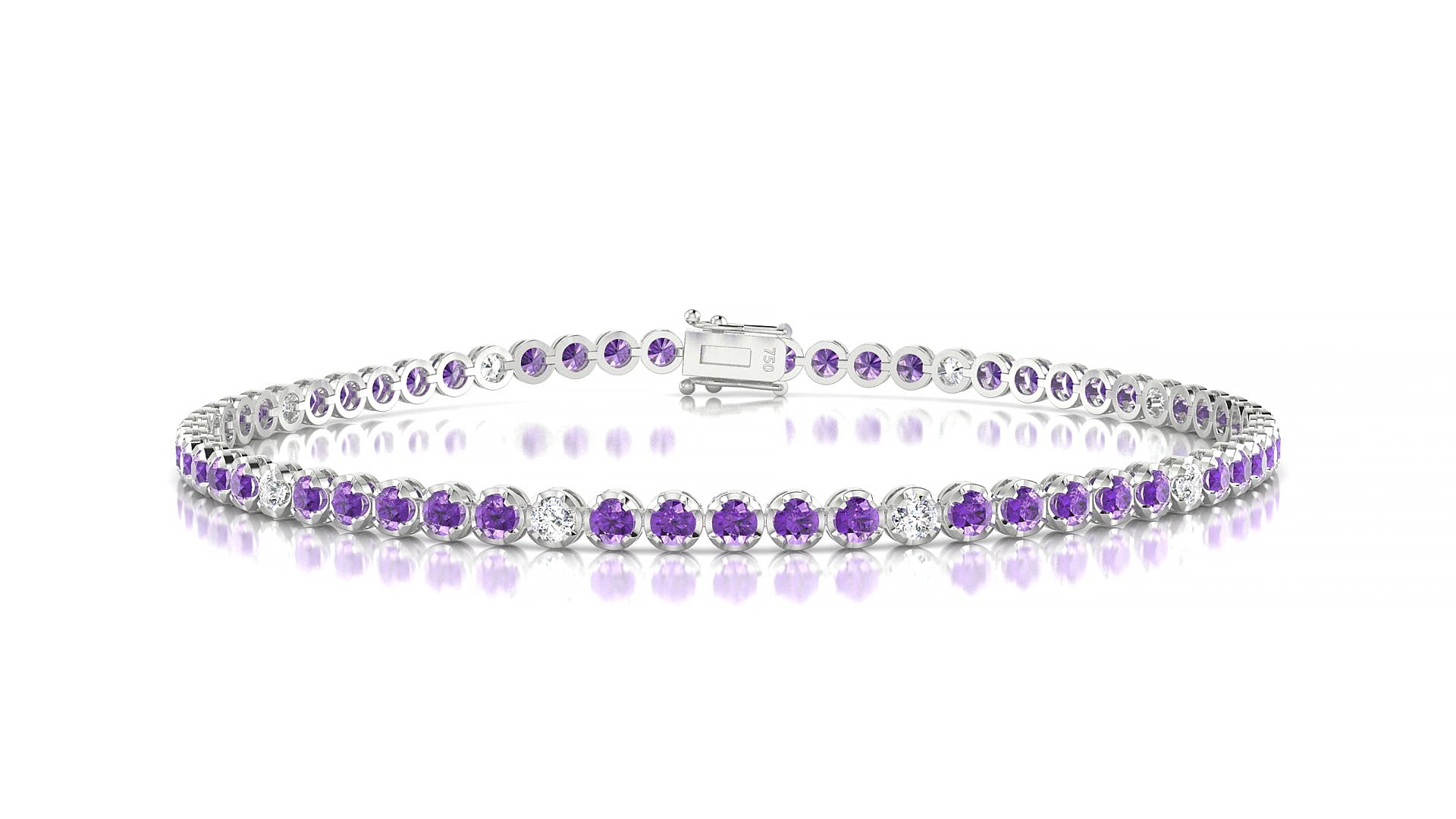 Bengal 5-1 | 18k White Gold 2 mm Round Natural Amethyst & Diamond 19 cm Tennis Bracelet