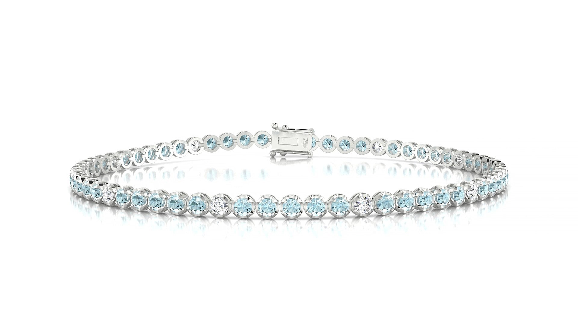 Bengal 5-1 | 18k White Gold 2 mm Round Natural Aquamarine & Diamond 17 cm Tennis Bracelet