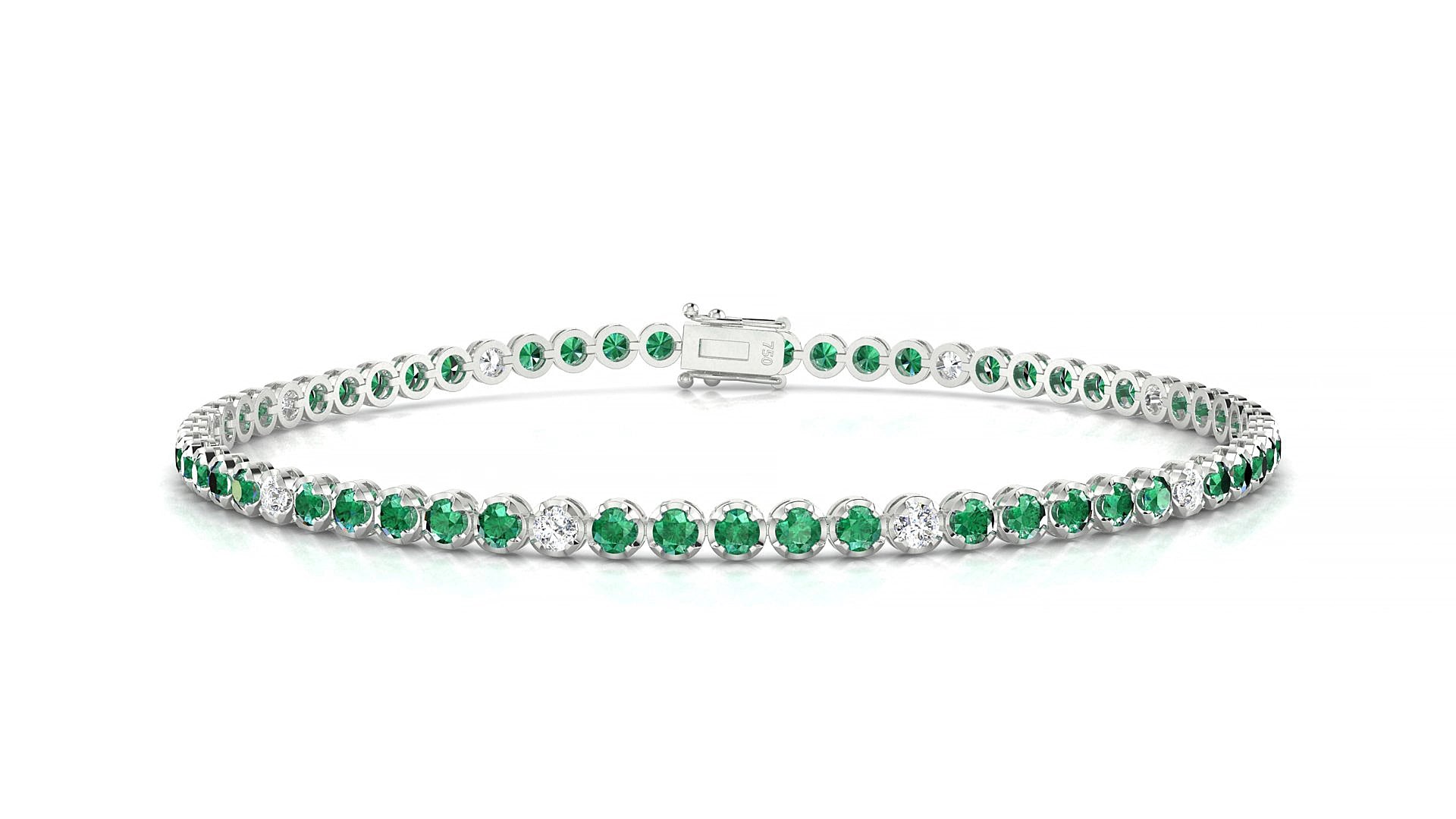 Bengal 5-1 | 18k White Gold 2 mm Round Natural Emerald & Diamond 19 cm Tennis Bracelet