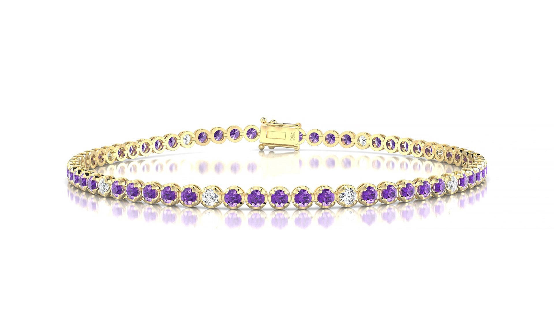 Bengal 5-1 | 18k Yellow Gold 2 mm Round Natural Amethyst & Diamond 15 cm Tennis Bracelet