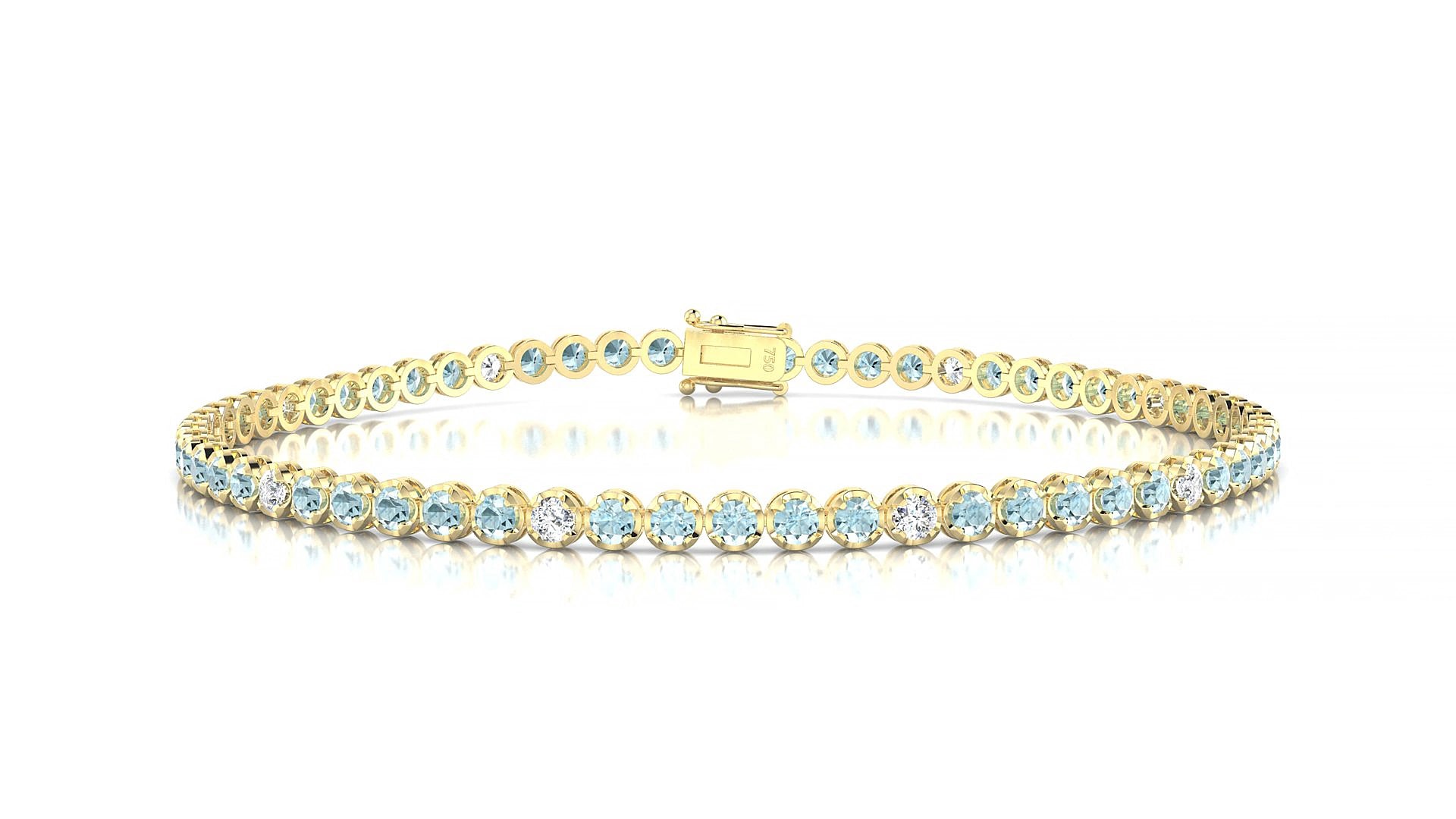 Bengal 5-1 | 18k Yellow Gold 2 mm Round Natural Aquamarine & Diamond 17 cm Tennis Bracelet
