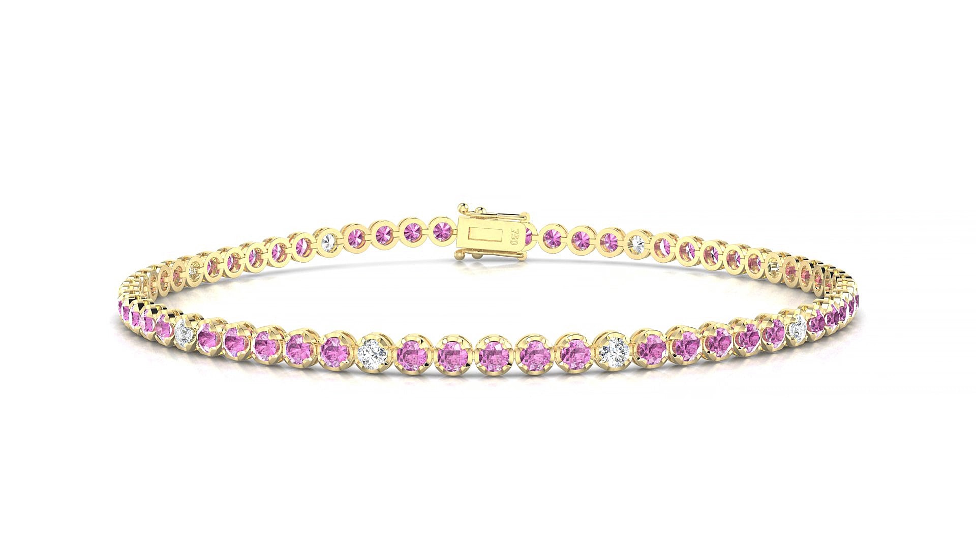 Bengal 5-1 | 18k Yellow Gold 2 mm Round Natural Pink Sapphire & Diamond 15 cm Tennis Bracelet