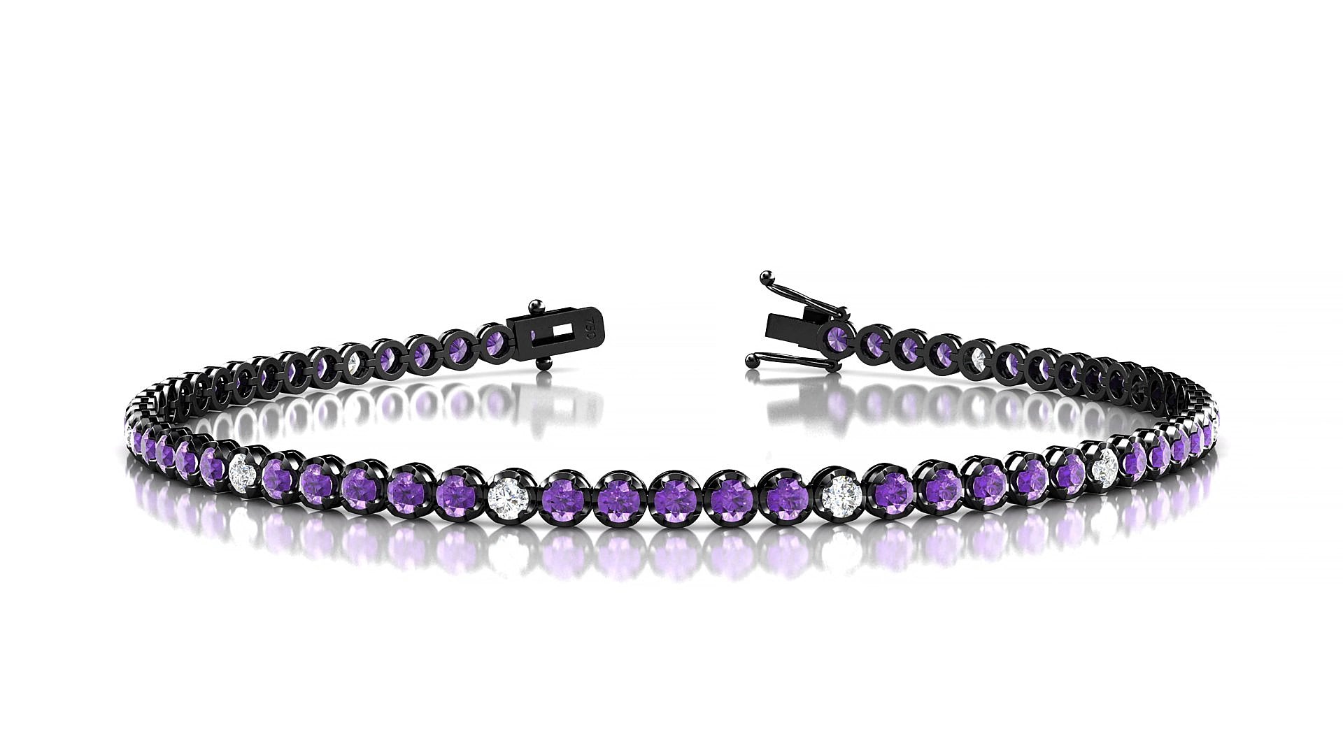 Bengal 5-1 | 18k Black Gold 2 mm Round Natural Amethyst & Diamond 18 cm Tennis Bracelet