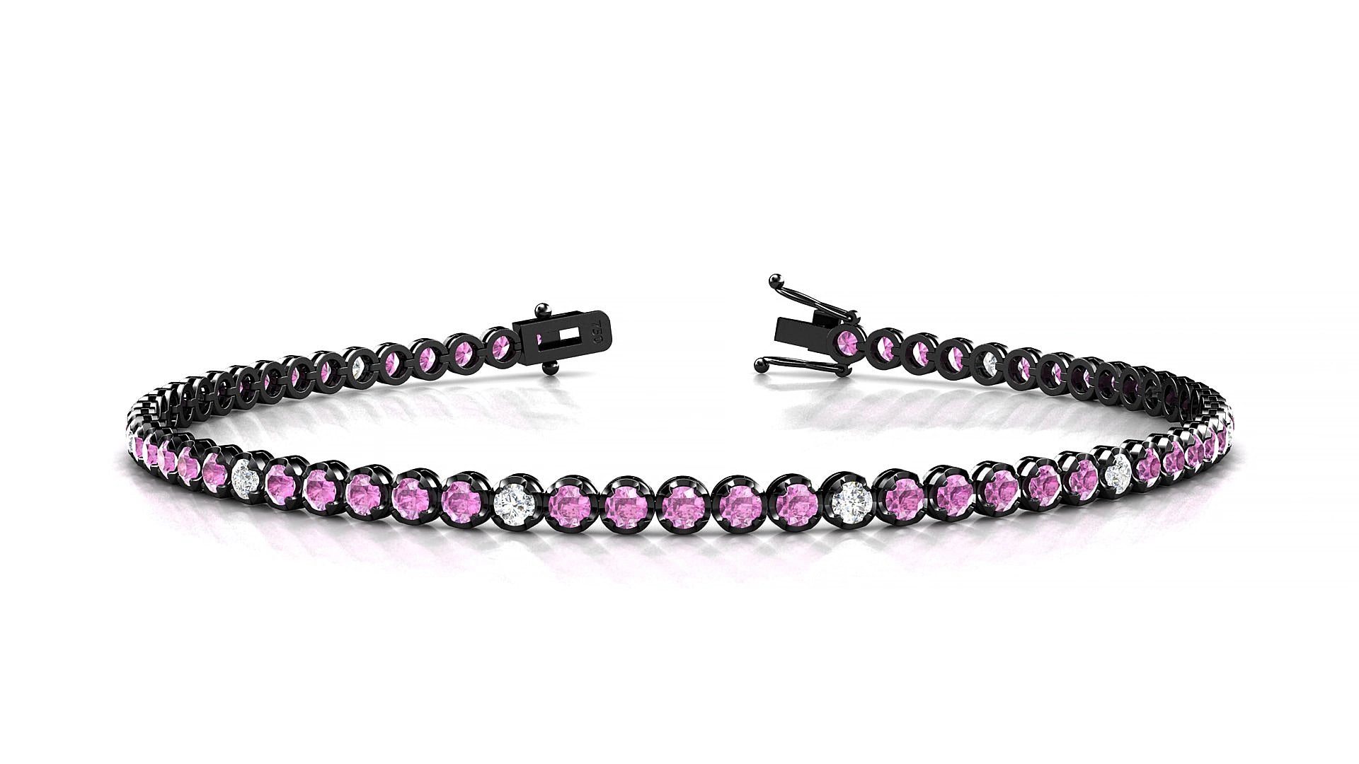 Bengal 5-1 | 18k Black Gold 2 mm Round Natural Pink Sapphire & Diamond 15 cm Tennis Bracelet