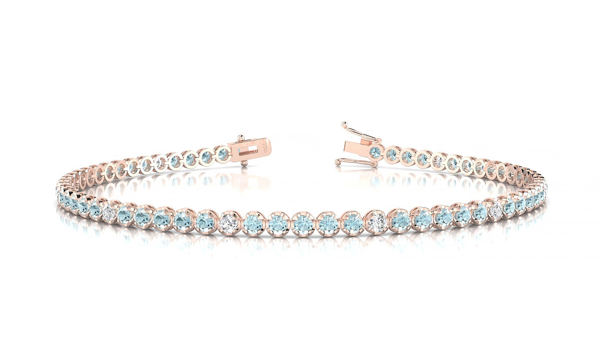 Bengal 5-1 | 18k Rose Gold 2 mm Round Natural Aquamarine & Diamond 18 cm Tennis Bracelet