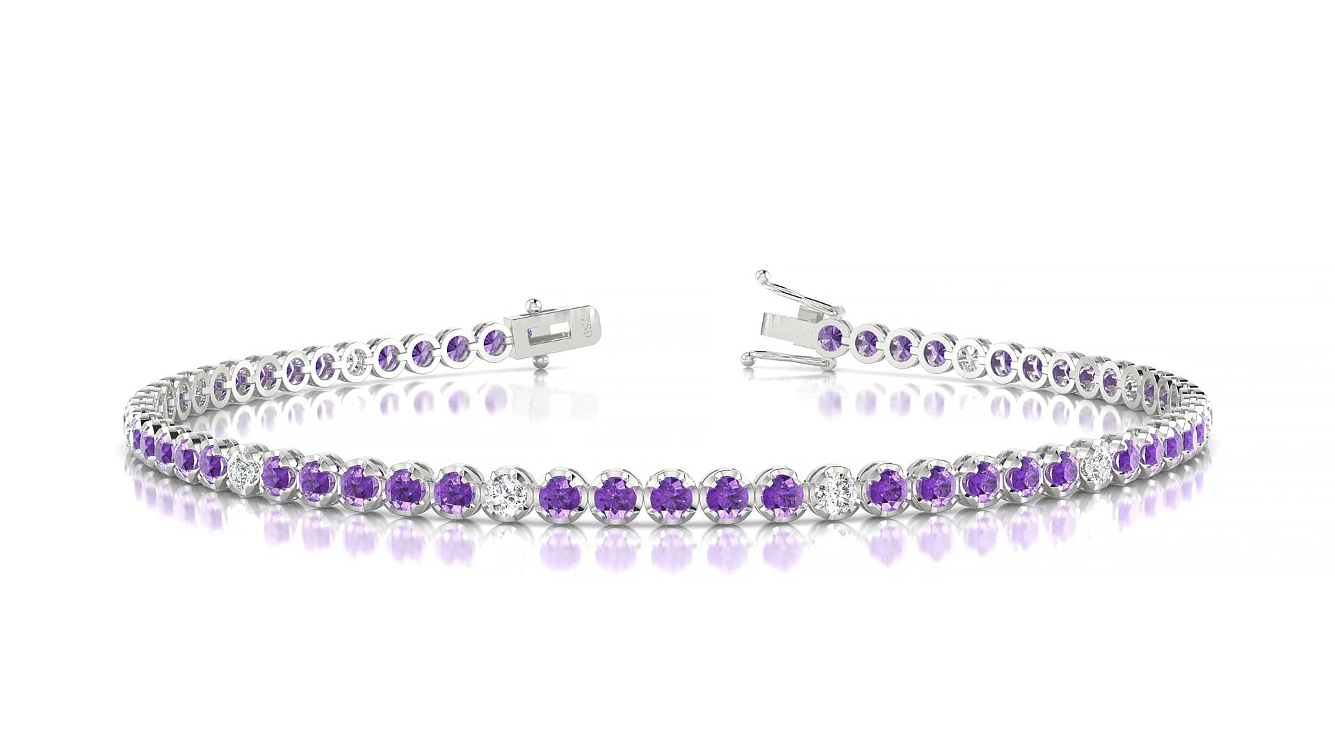 Bengal 5-1 | 18k White Gold 2 mm Round Natural Amethyst & Diamond 15 cm Tennis Bracelet