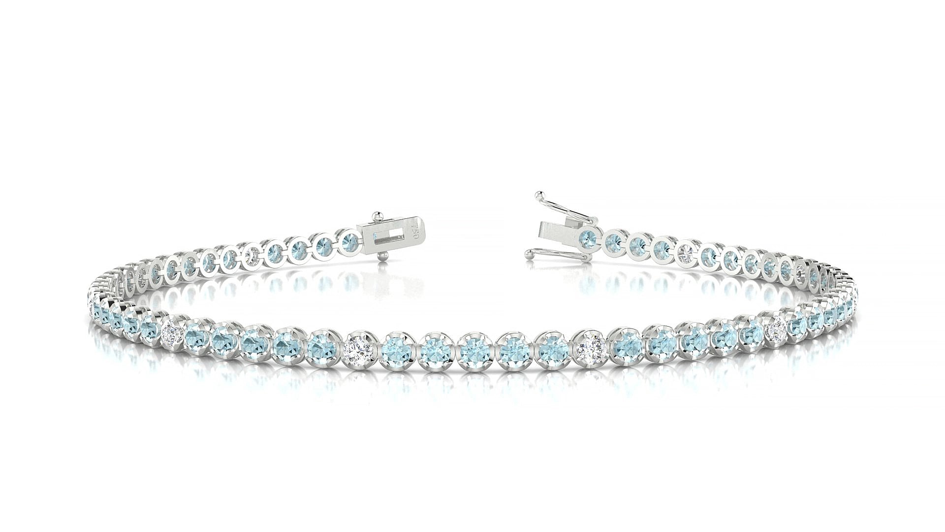 Bengal 5-1 | 18k White Gold 2 mm Round Natural Aquamarine & Diamond 18 cm Tennis Bracelet