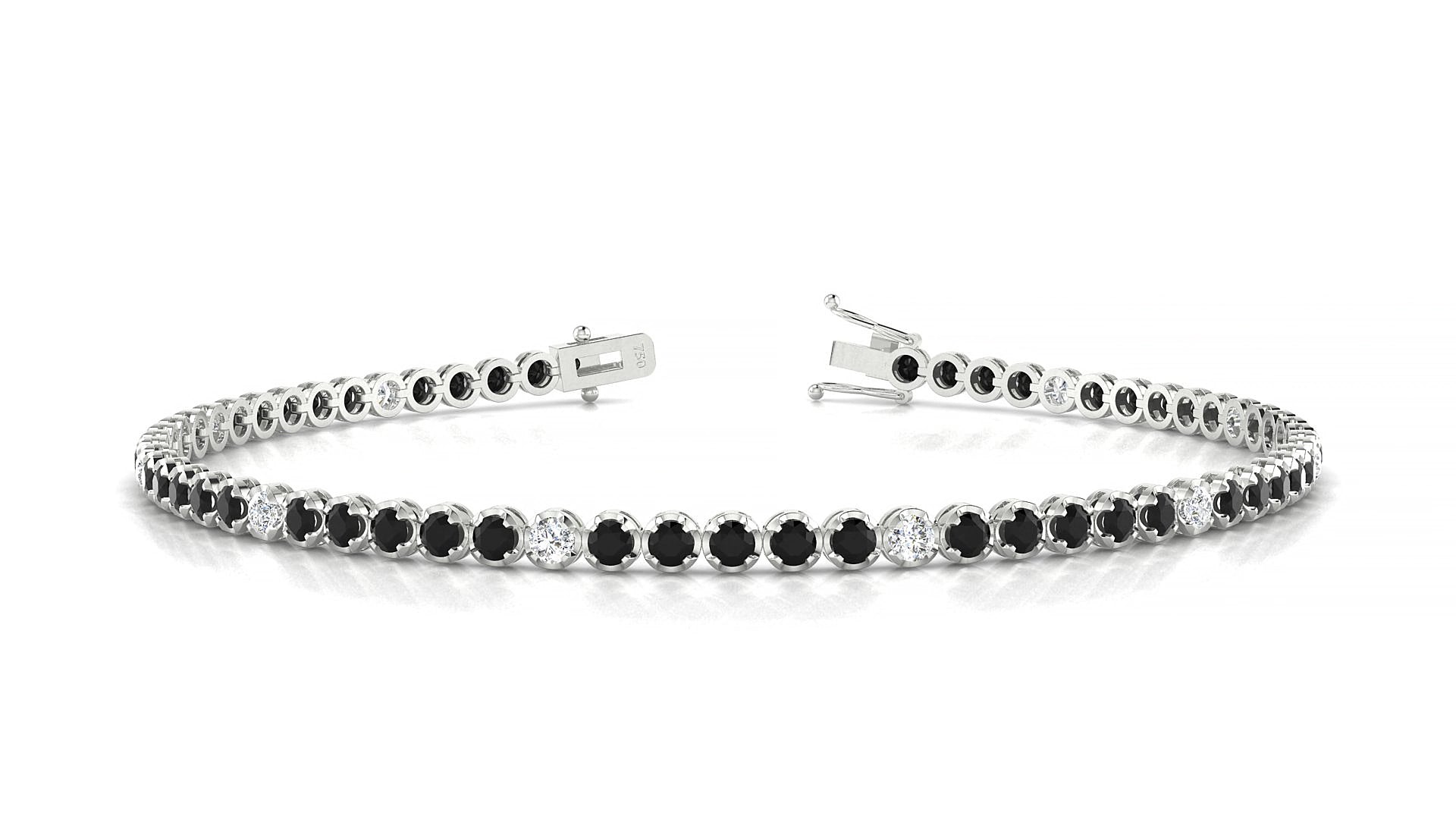 Bengal 5-1 | 18k White Gold 2 mm Round Natural Black Diamond & Diamond 19 cm Tennis Bracelet