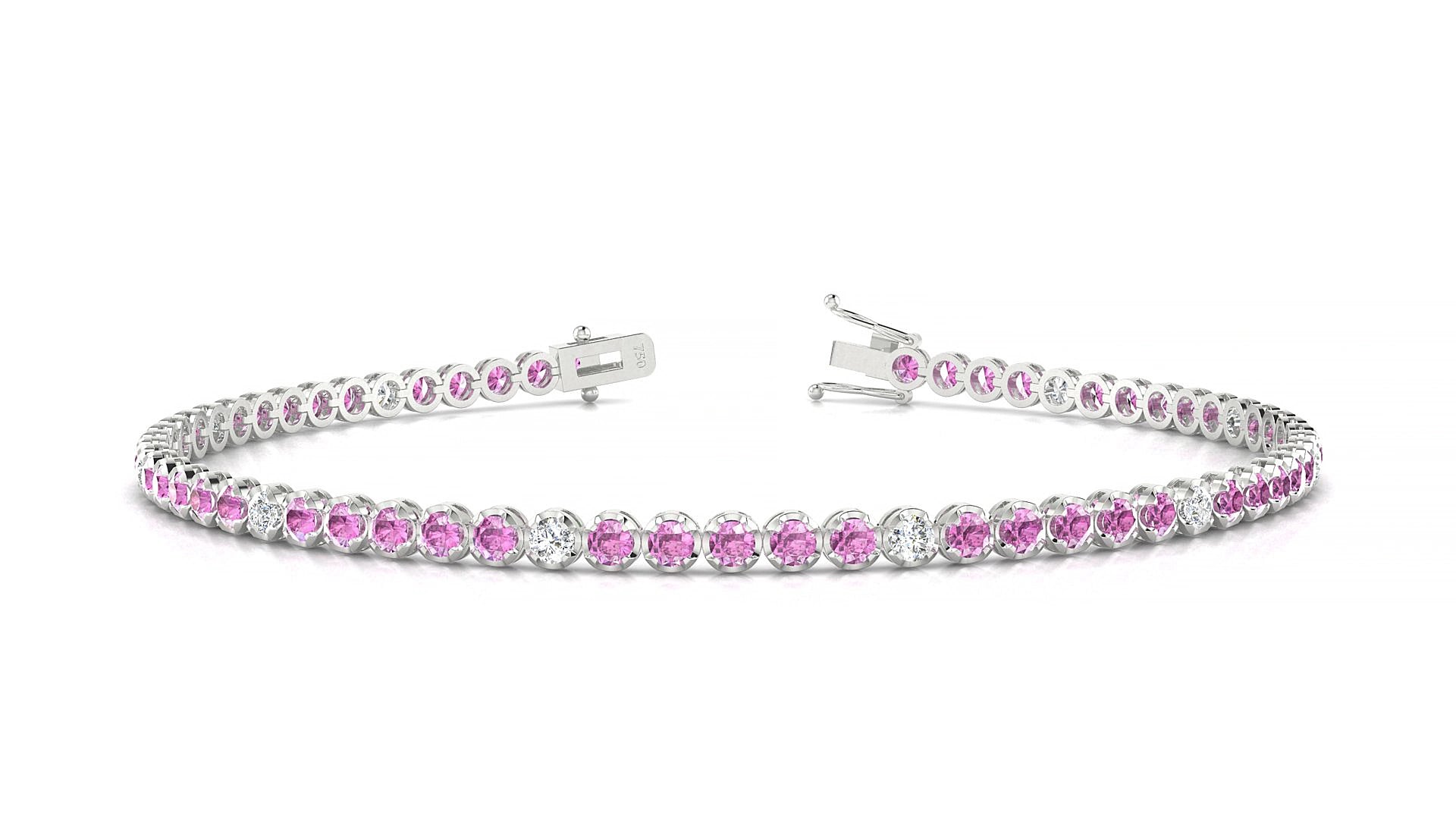 Bengal 5-1 | 18k White Gold 2 mm Round Natural Pink Sapphire & Diamond 15 cm Tennis Bracelet