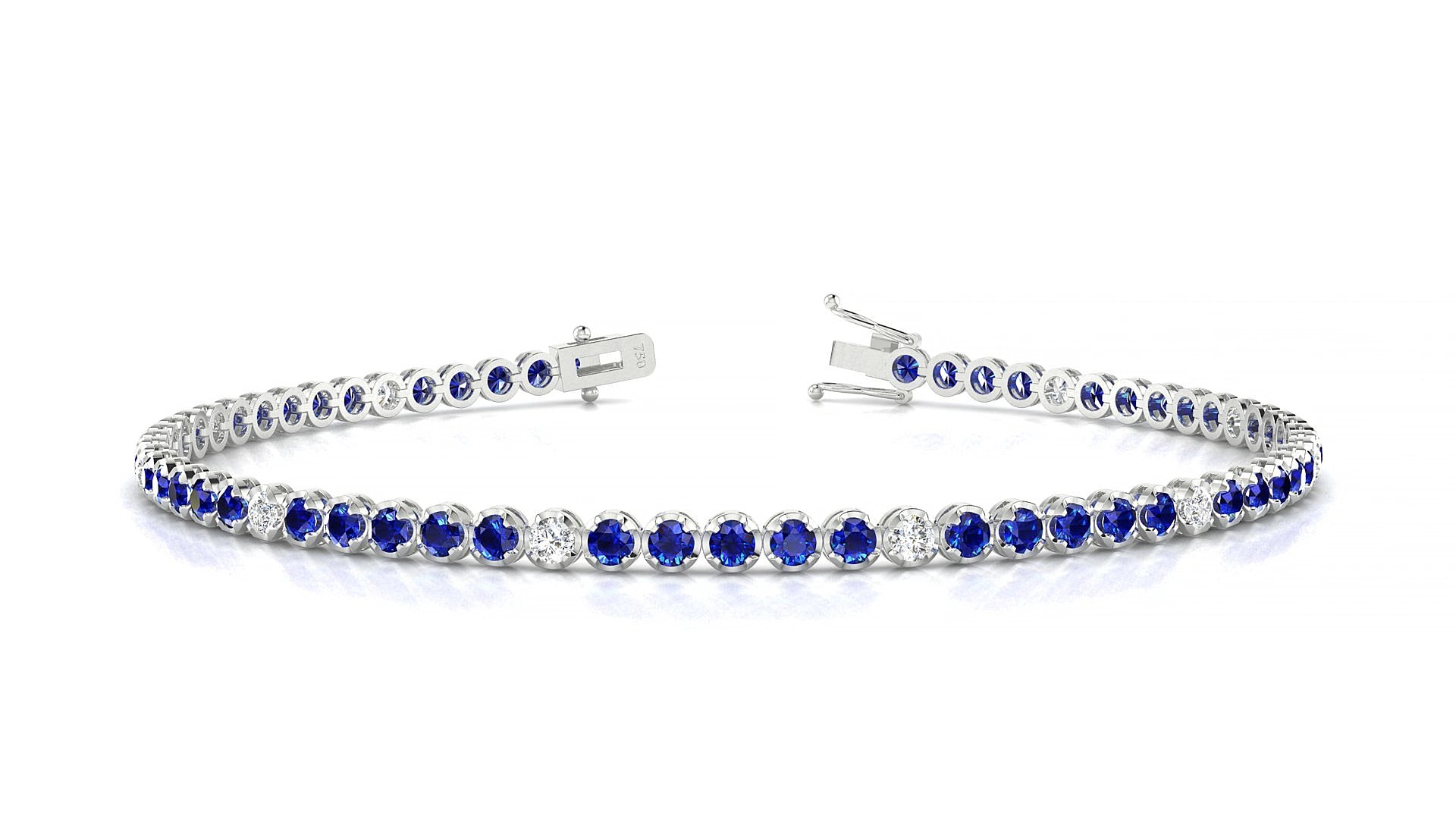 Bengal 5-1 | 18k White Gold 2 mm Round Natural Sapphire & Diamond 19 cm Tennis Bracelet
