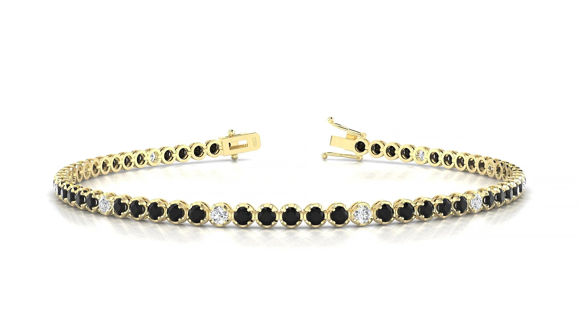 Bengal 5-1 | 18k Yellow Gold 2 mm Round Natural Black Diamond & Diamond Tennis Bracelet