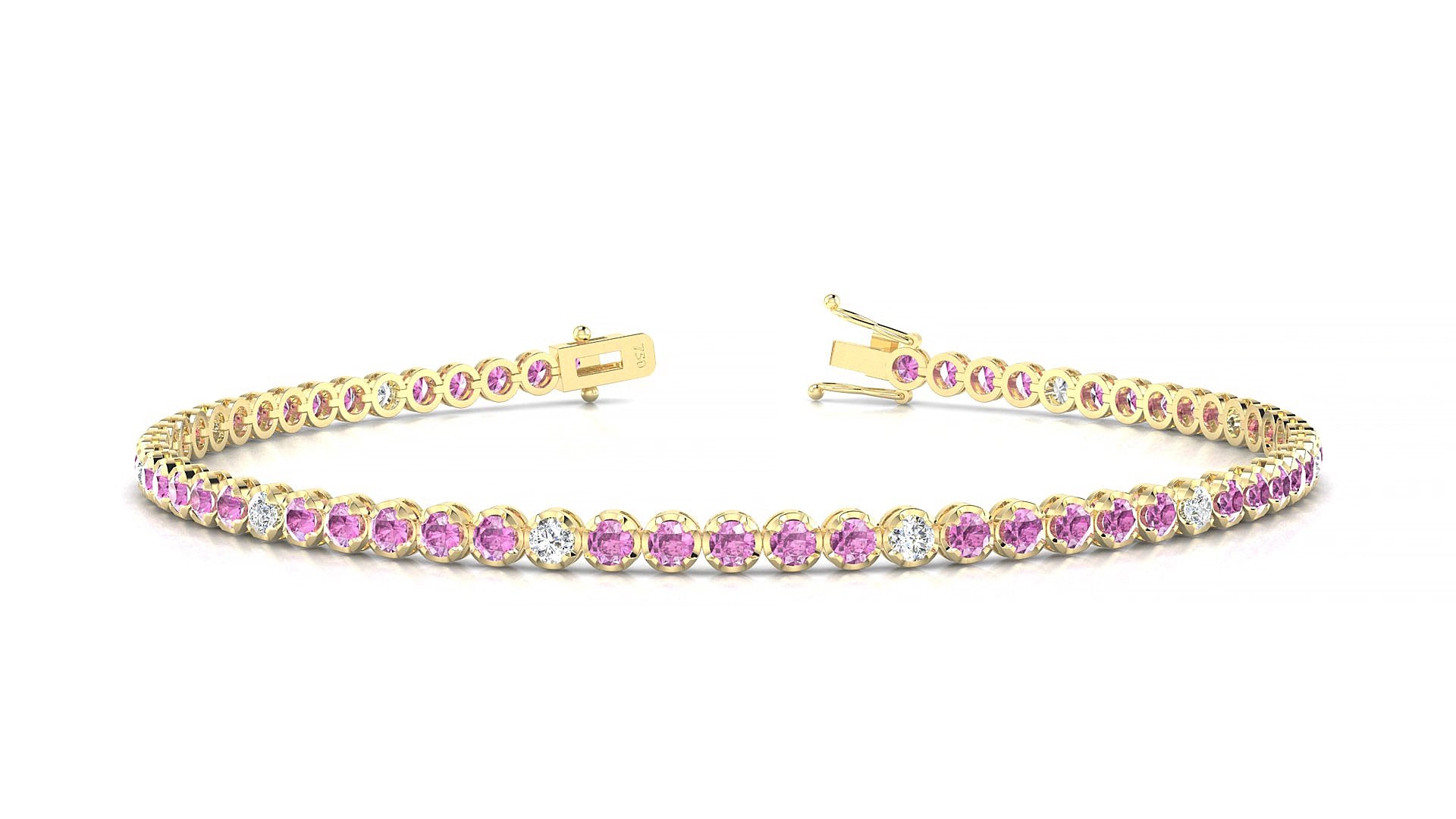 Bengal 5-1 | 18k Yellow Gold 2 mm Round Natural Pink Sapphire & Diamond 15 cm Tennis Bracelet