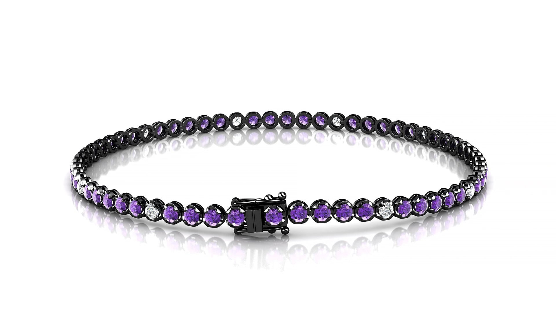 Bengal 5-1 | 18k Black Gold 2 mm Round Natural Amethyst & Diamond 18 cm Tennis Bracelet