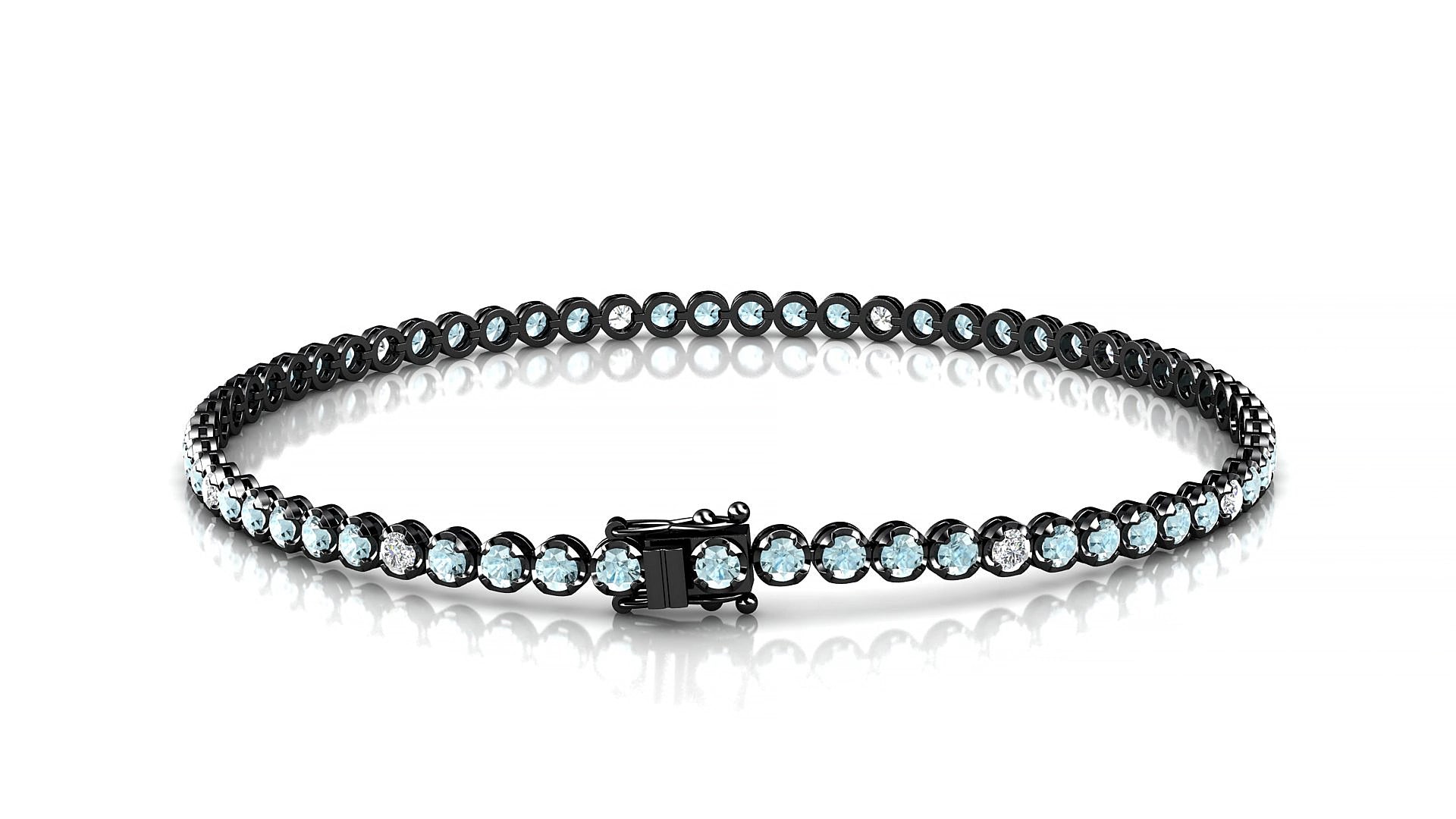 Bengal 5-1 | 18k Black Gold 2 mm Round Natural Aquamarine & Diamond 17 cm Tennis Bracelet