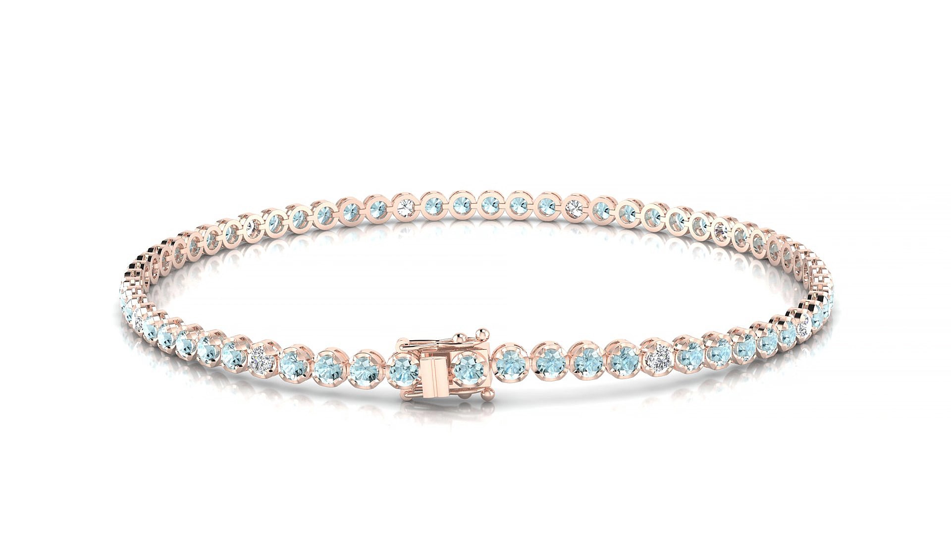 Bengal 5-1 | 18k Rose Gold 2 mm Round Natural Aquamarine & Diamond 17 cm Tennis Bracelet