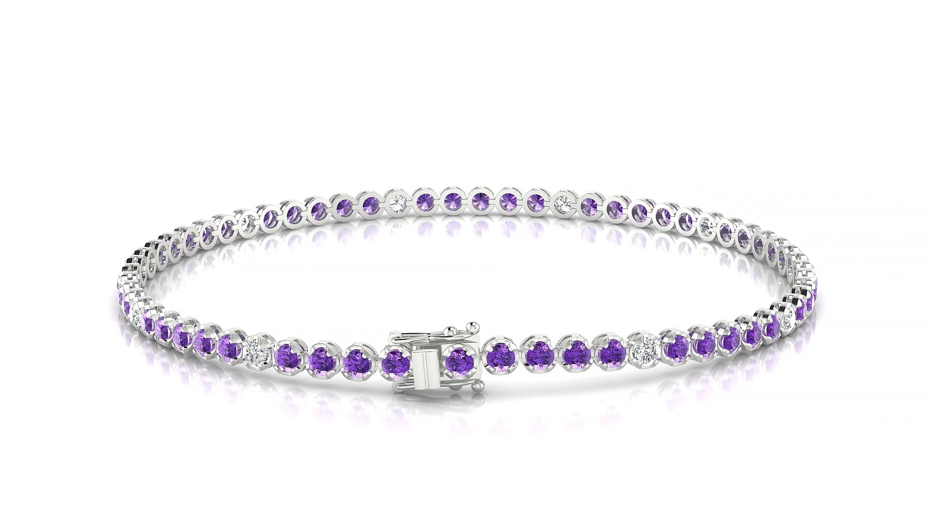 Bengal 5-1 | 18k White Gold 2 mm Round Natural Amethyst & Diamond 20 cm Tennis Bracelet