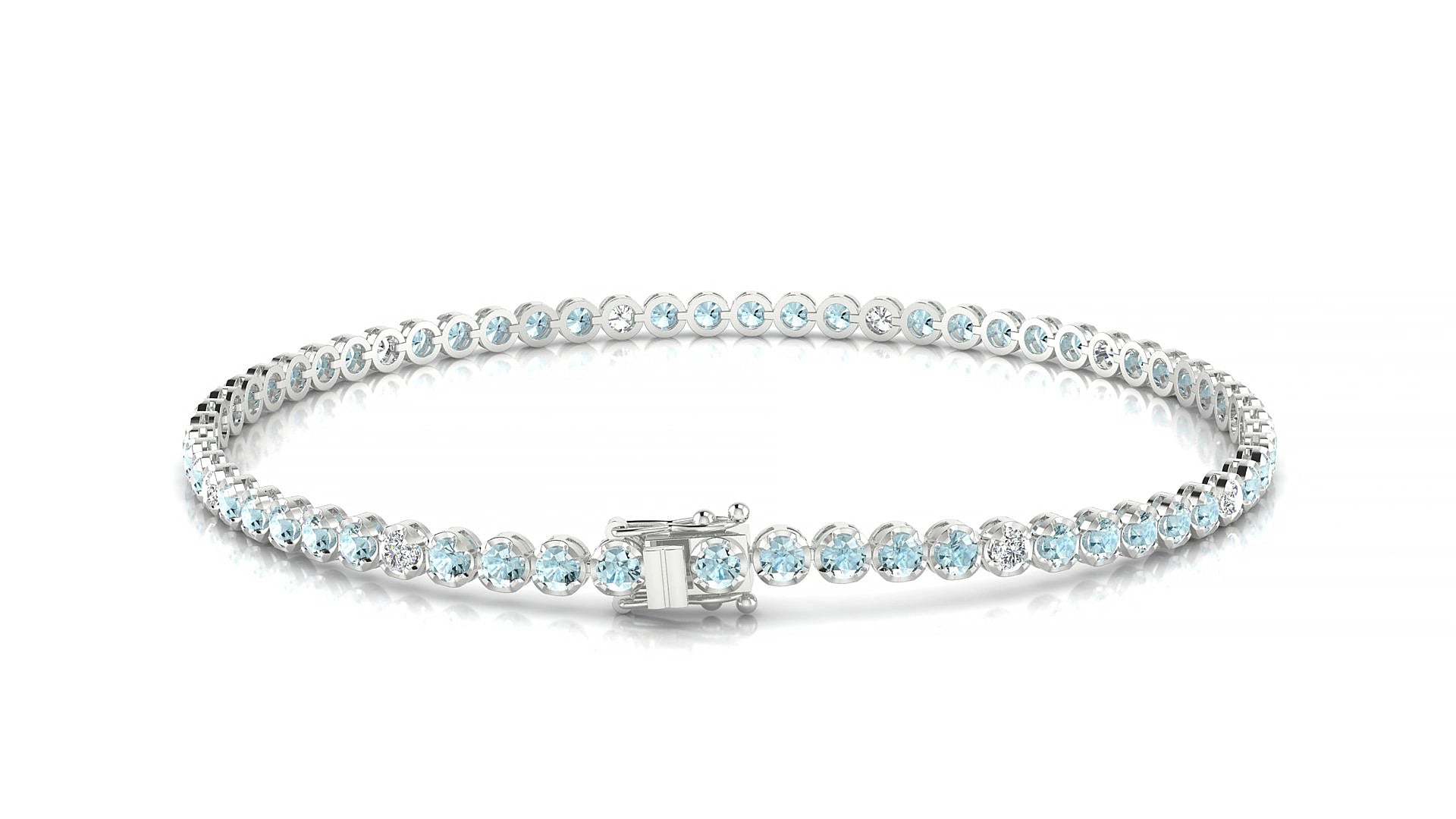 Bengal 5-1 | 18k White Gold 2 mm Round Natural Aquamarine & Diamond 19 cm Tennis Bracelet