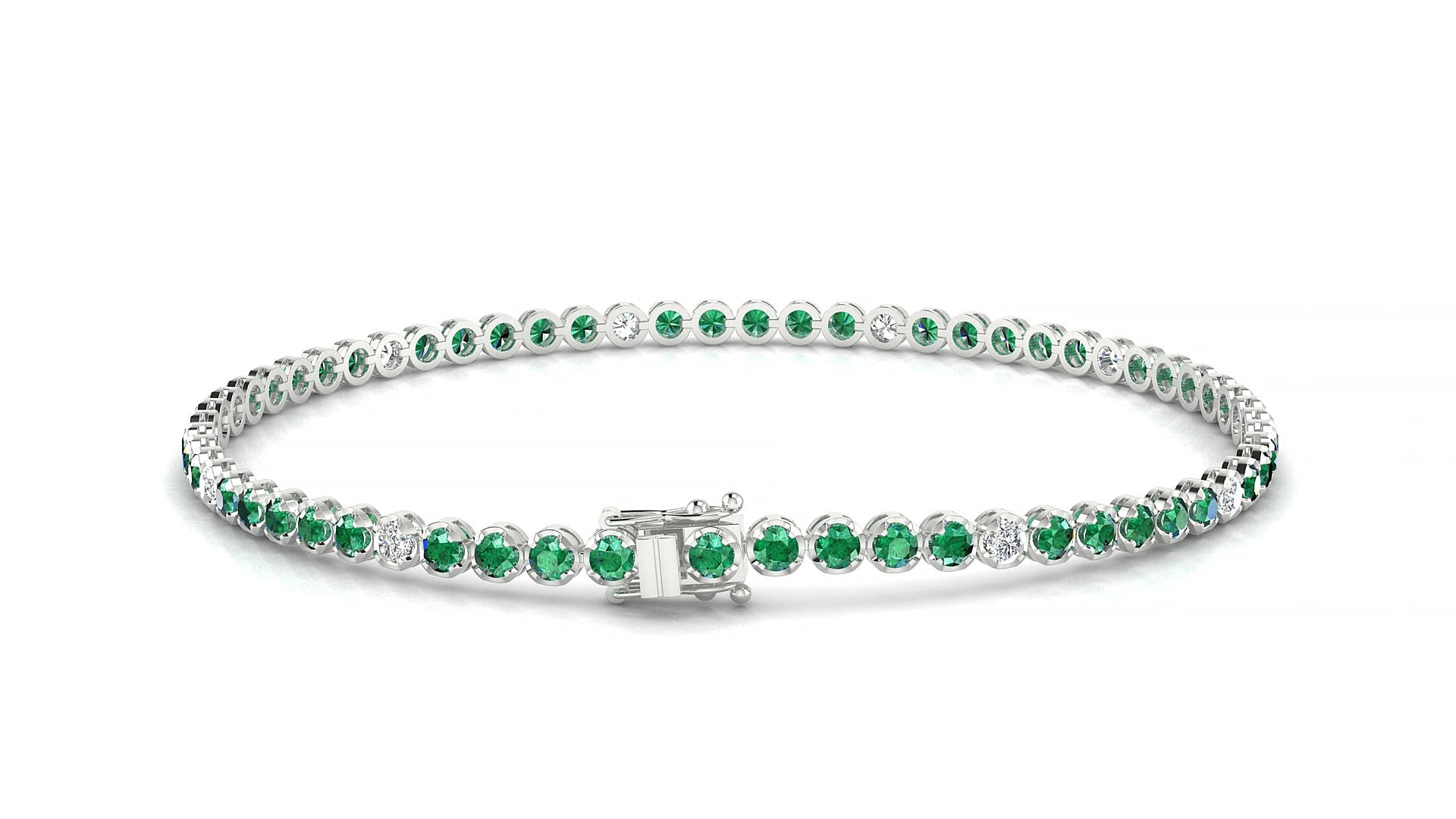 Bengal 5-1 | 18k White Gold 2 mm Round Natural Emerald & Diamond 15 cm Tennis Bracelet