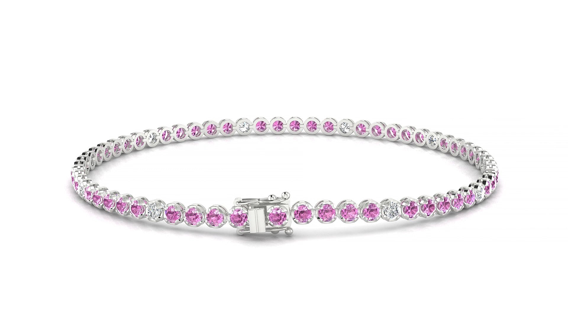 Bengal 5-1 | 18k White Gold 2 mm Round Natural Pink Sapphire & Diamond 19 cm Tennis Bracelet
