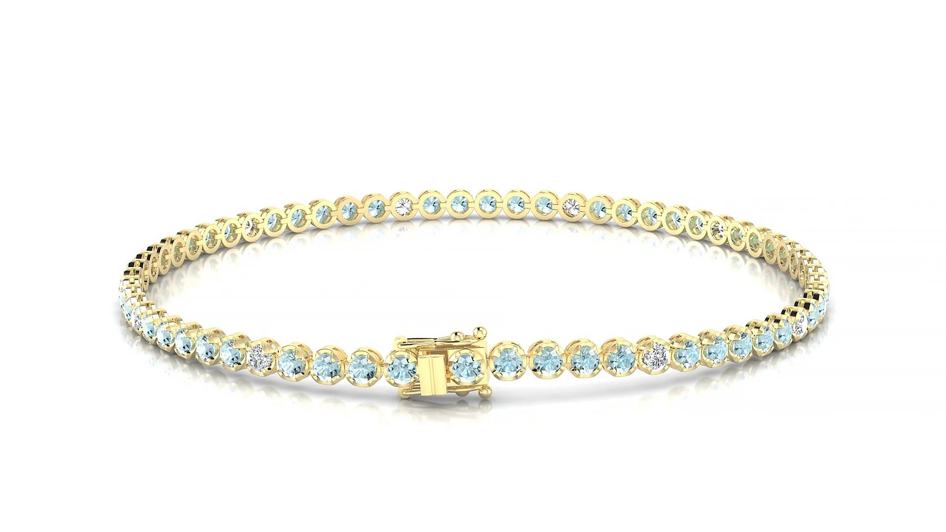 Bengal 5-1 | 18k Yellow Gold 2 mm Round Natural Aquamarine & Diamond Tennis Bracelet