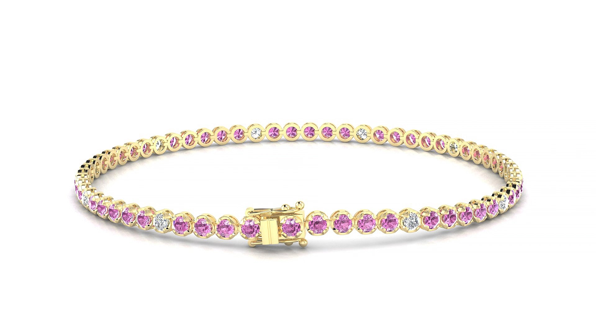 Bengal 5-1 | 18k Yellow Gold 2 mm Round Natural Pink Sapphire & Diamond 15 cm Tennis Bracelet