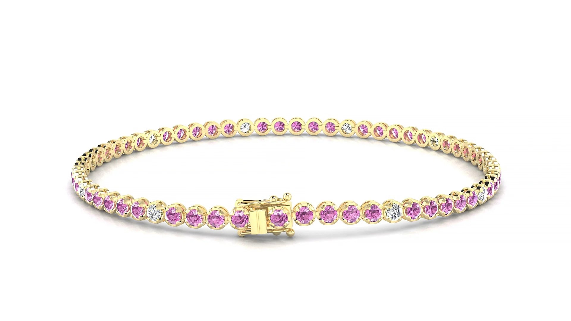 Bengal 5-1 | 18k Yellow Gold 2 mm Round Natural Pink Sapphire & Diamond Tennis Bracelet