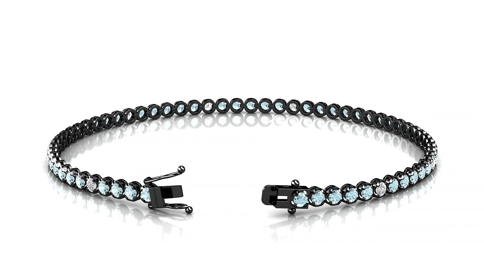 Bengal 5-1 | 18k Black Gold 2 mm Round Natural Aquamarine & Diamond 18 cm Tennis Bracelet