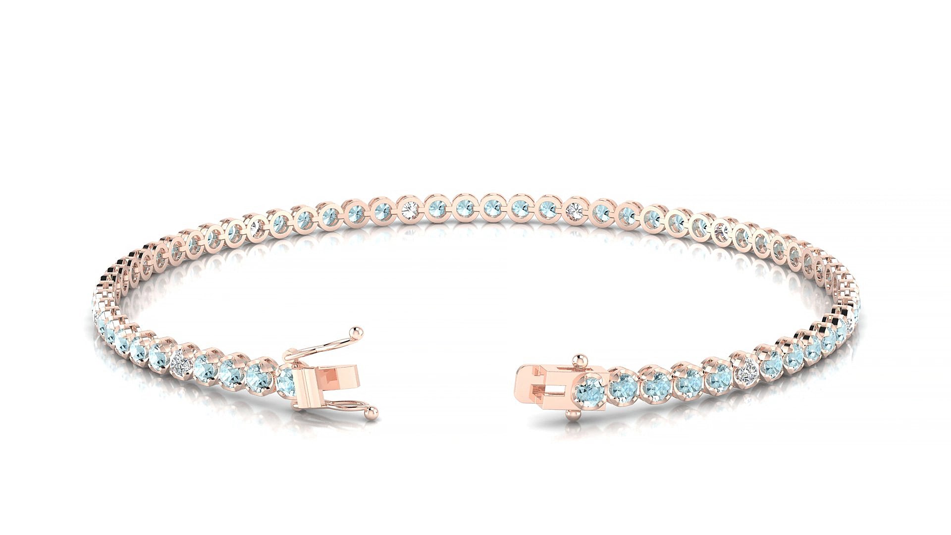 Bengal 5-1 | 18k Rose Gold 2 mm Round Natural Aquamarine & Diamond 18 cm Tennis Bracelet