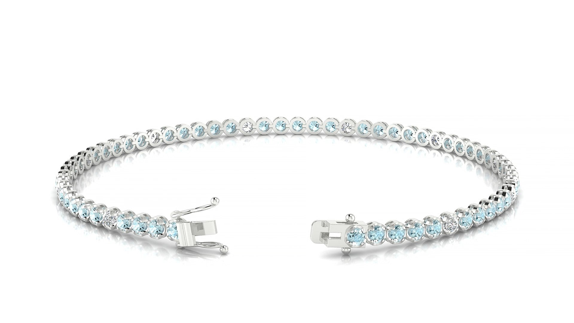 Bengal 5-1 | 18k White Gold 2 mm Round Natural Aquamarine & Diamond 19 cm Tennis Bracelet