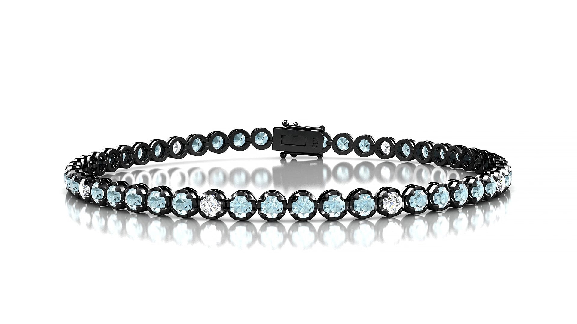 Bengal 5-1 | 18k Black Gold 2.5 mm Round Natural Aquamarine & Diamond 17 cm Tennis Bracelet
