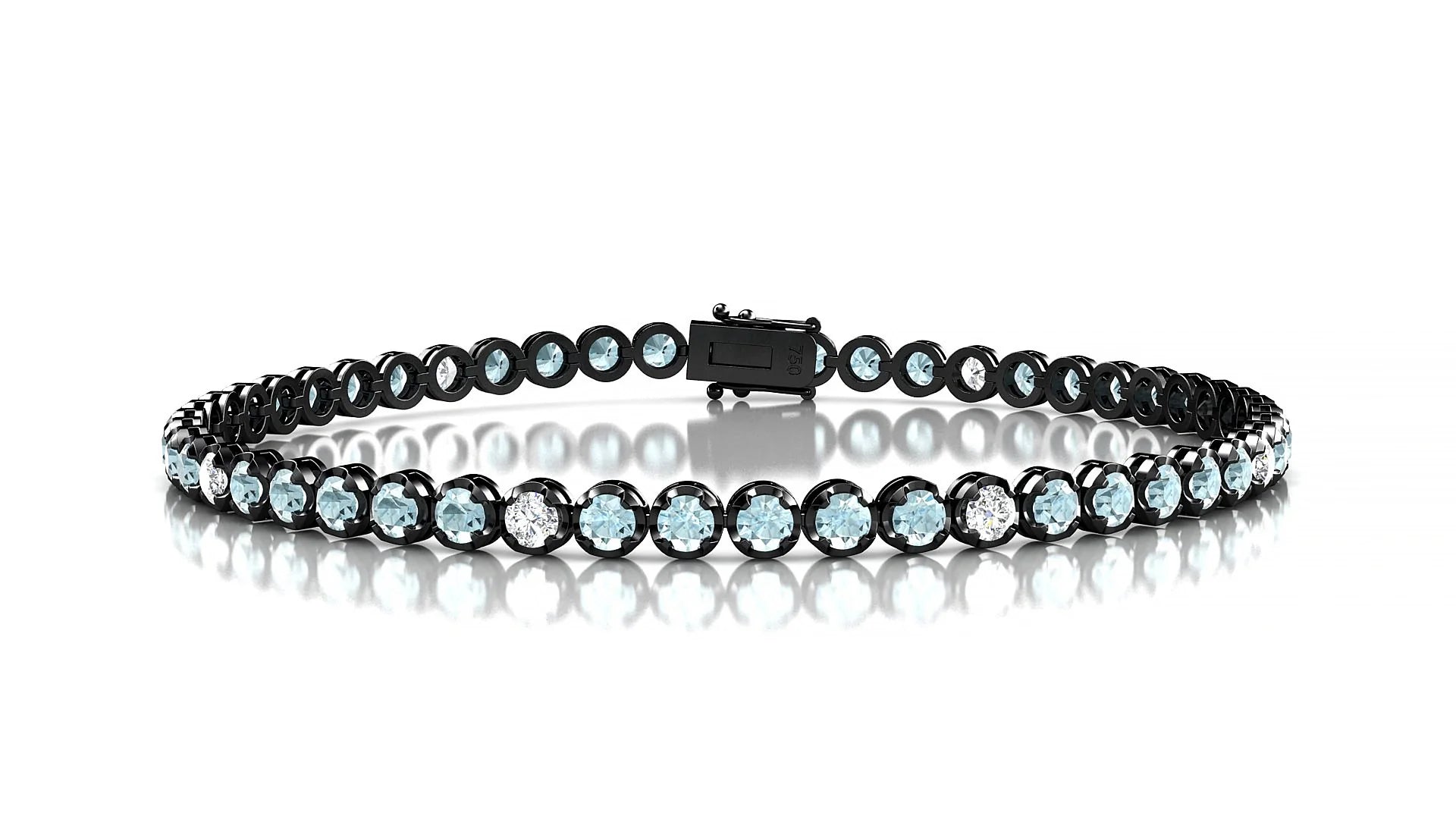 Bengal 5-1 | 18k Black Gold 2.5 mm Round Natural Aquamarine & Diamond Tennis Bracelet