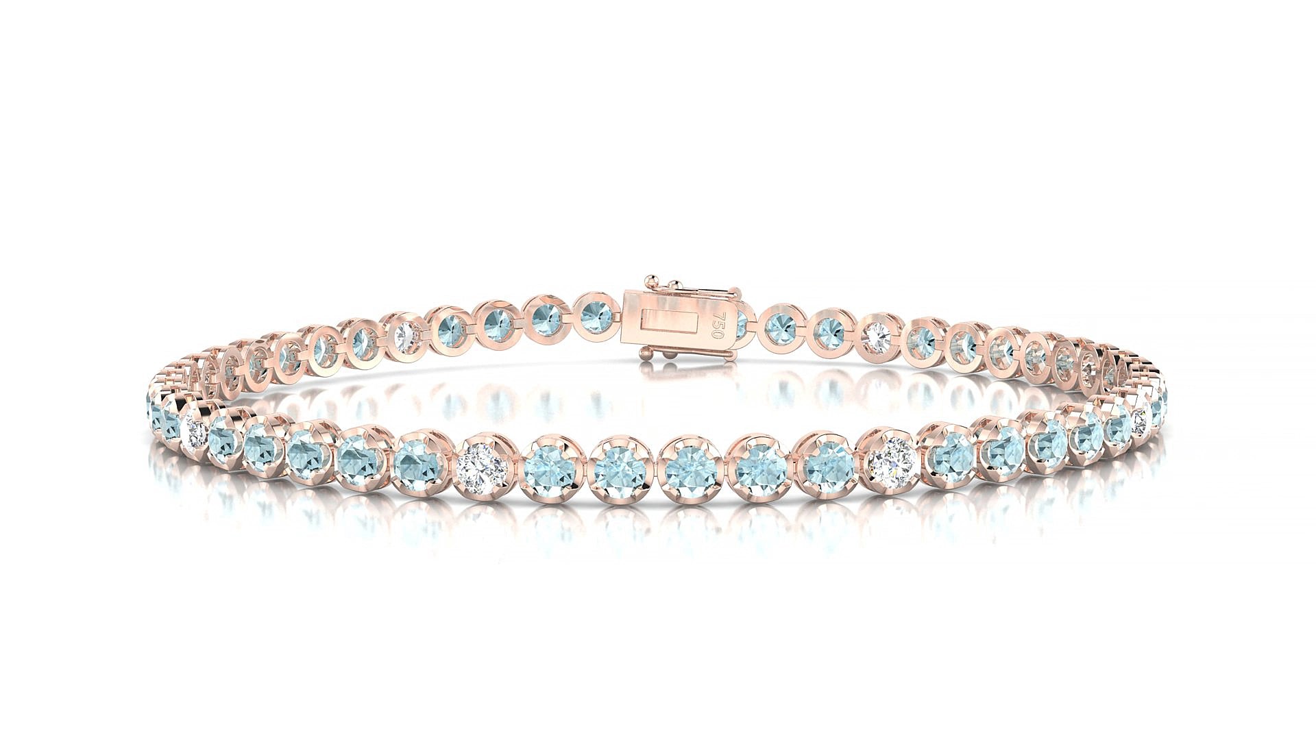 Bengal 5-1 | 18k Rose Gold 2.5 mm Round Natural Aquamarine & Diamond 17 cm Tennis Bracelet