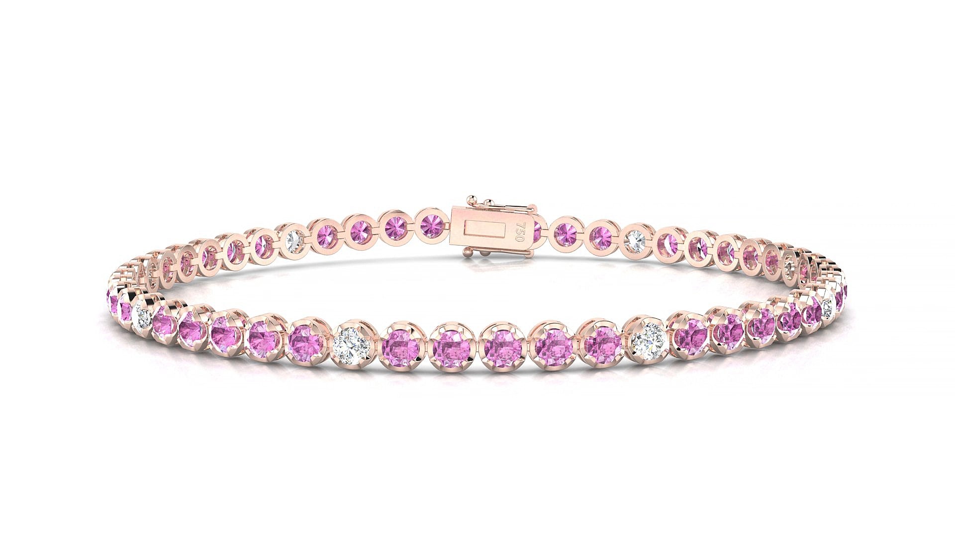 Bengal 5-1 | 18k Rose Gold 2.5 mm Round Natural Pink Sapphire & Diamond 15 cm Tennis Bracelet
