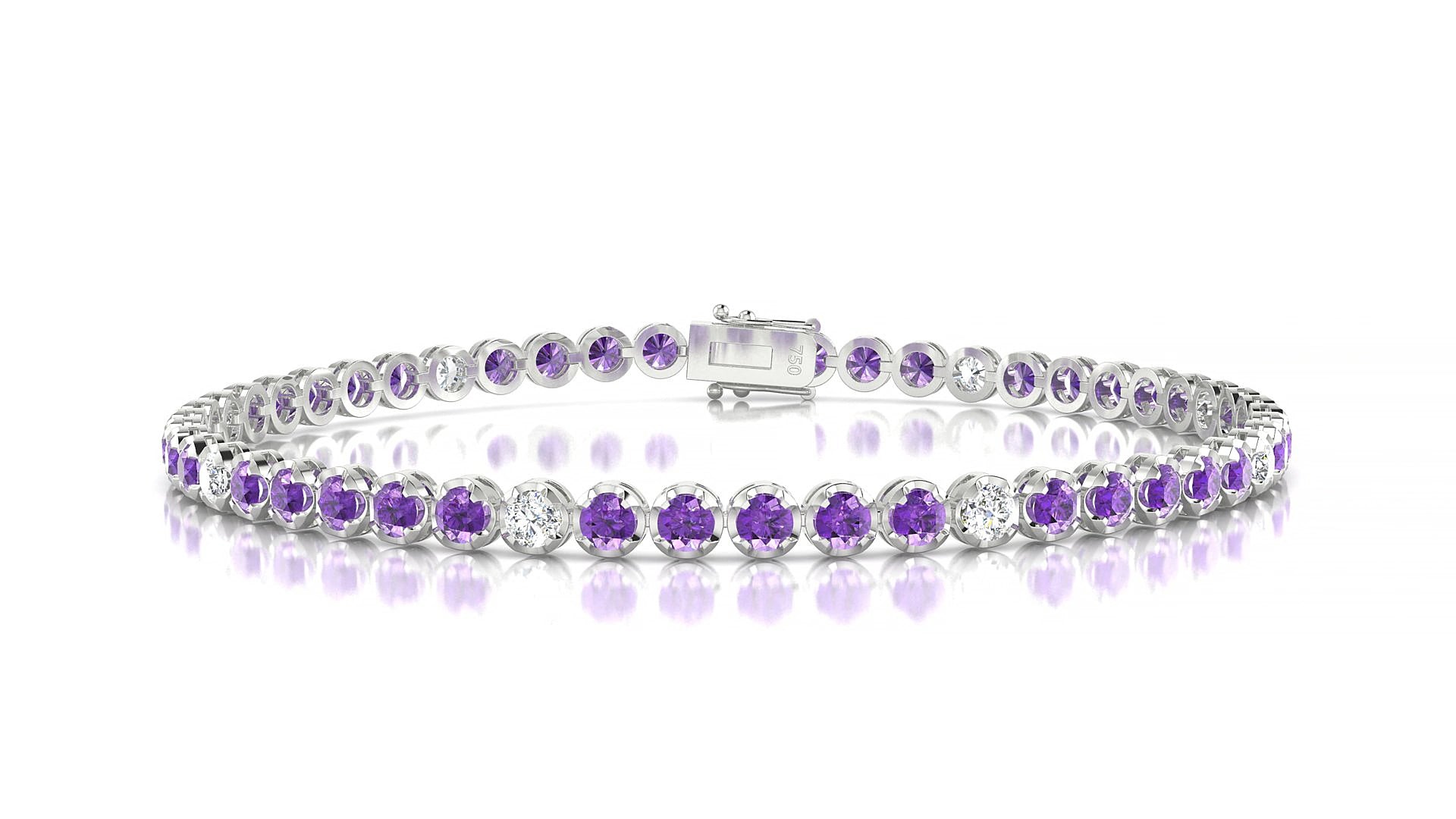 Bengal 5-1 | 18k White Gold 2.5 mm Round Natural Amethyst & Diamond 15 cm Tennis Bracelet