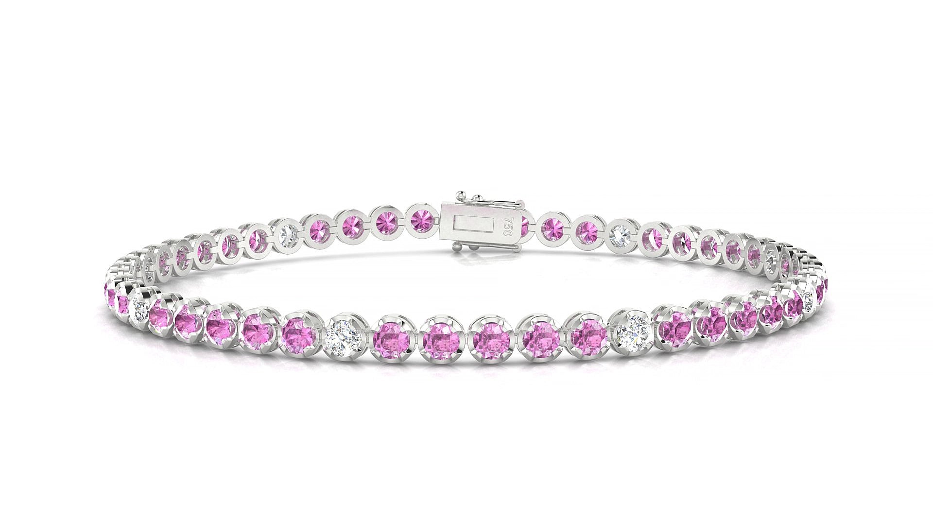 Bengal 5-1 | 18k White Gold 2.5 mm Round Natural Pink Sapphire & Diamond 19 cm Tennis Bracelet