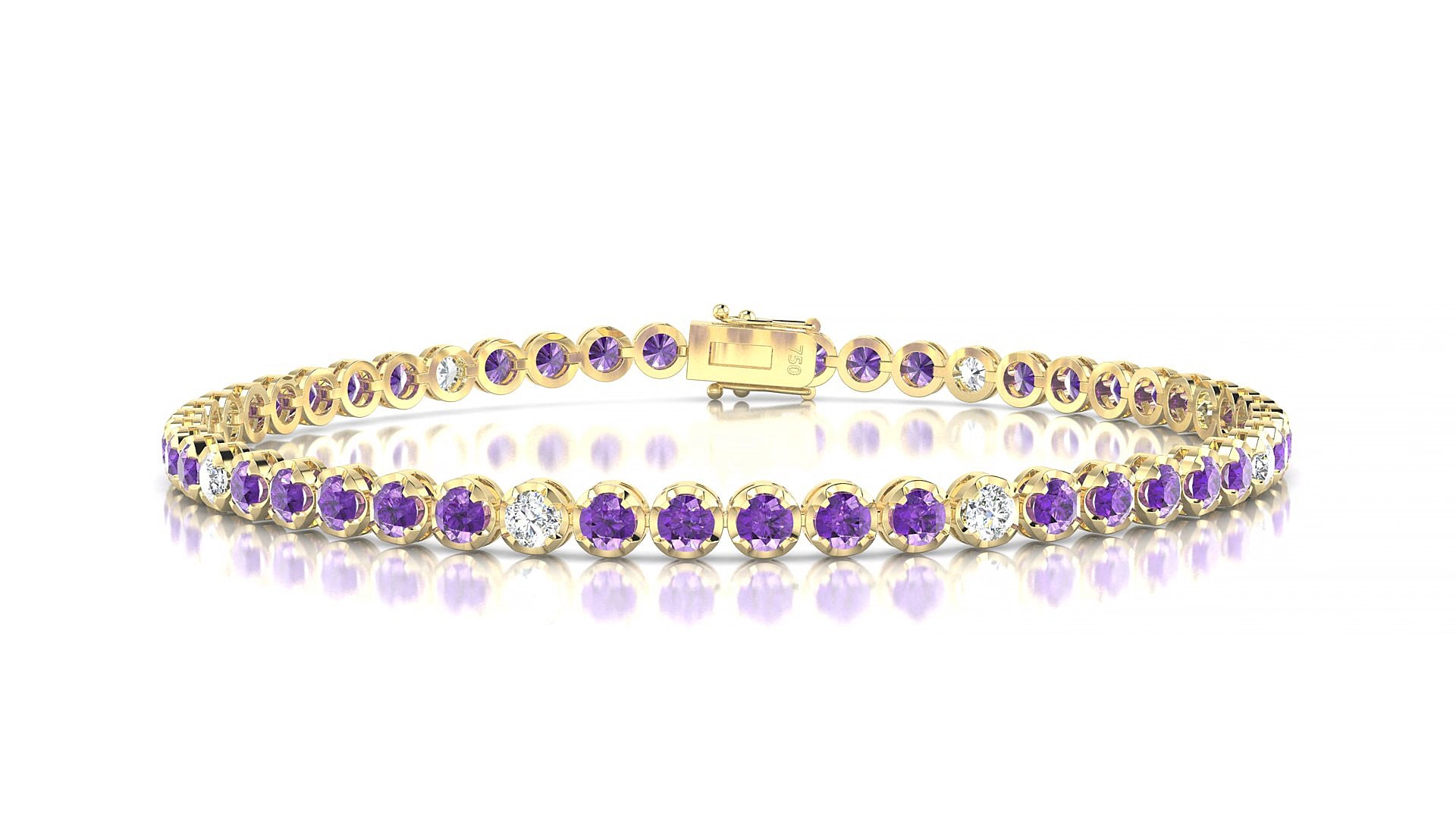 Bengal 5-1 | 18k Yellow Gold 2.5 mm Round Natural Amethyst & Diamond 15 cm Tennis Bracelet