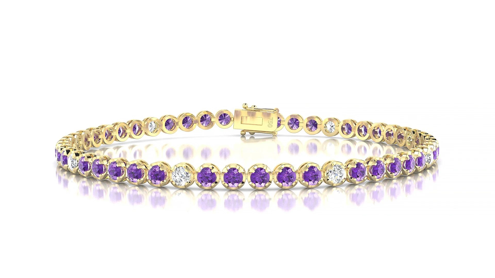 Bengal 5-1 | 18k Yellow Gold 2.5 mm Round Natural Amethyst & Diamond Tennis Bracelet