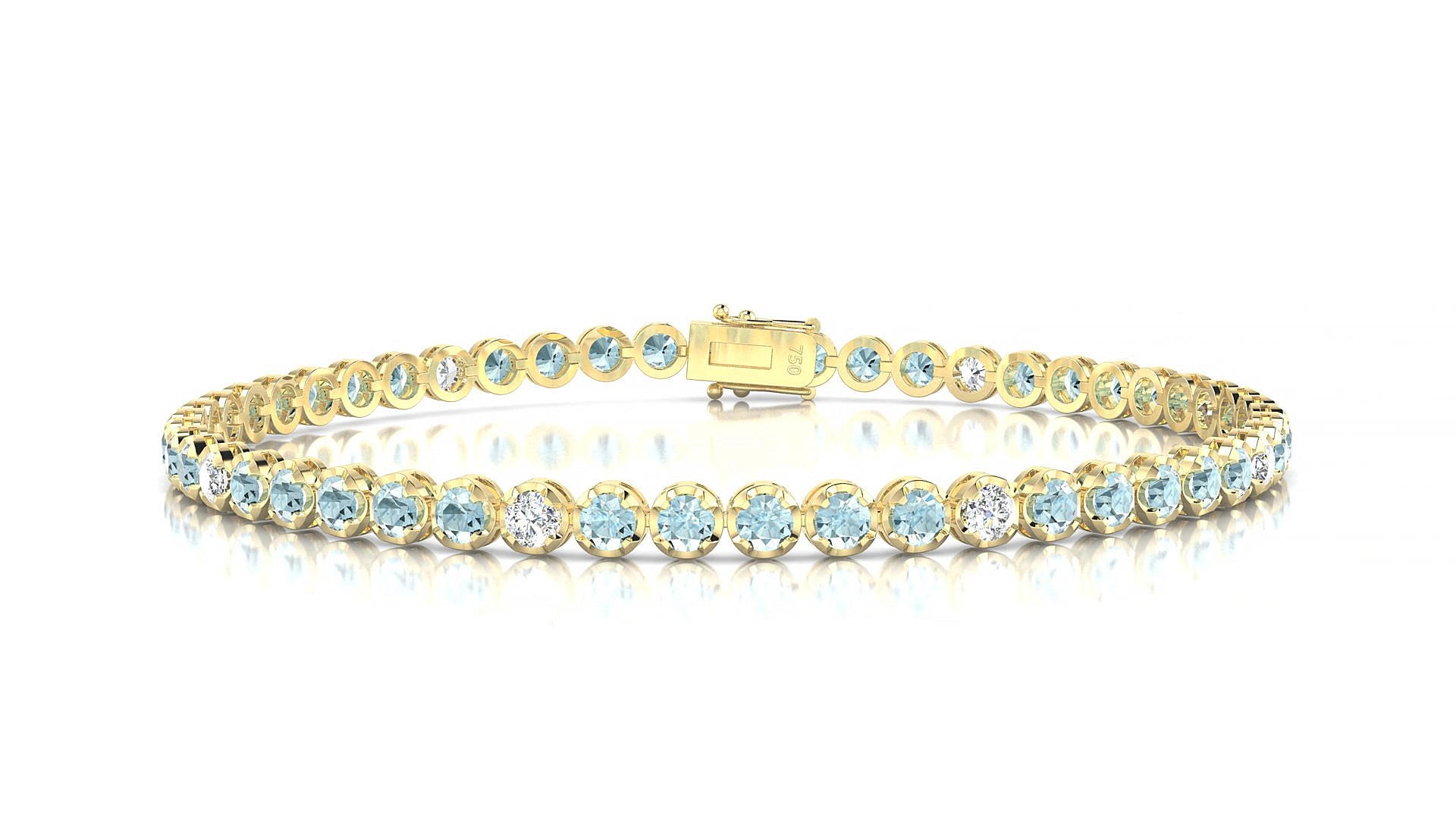 Bengal 5-1 | 18k Yellow Gold 2.5 mm Round Natural Aquamarine & Diamond 17 cm Tennis Bracelet