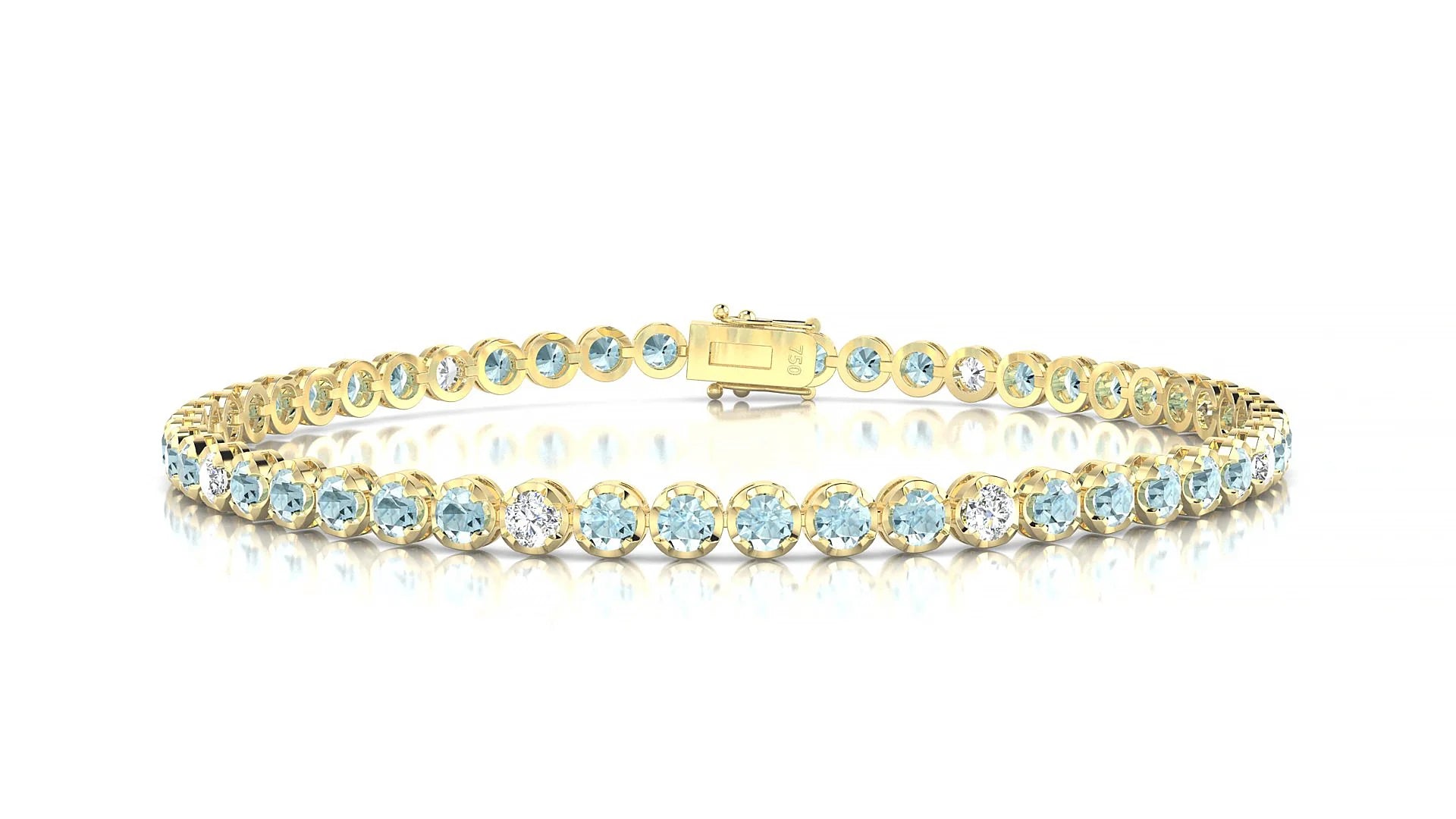 Bengal 5-1 | 18k Yellow Gold 2.5 mm Round Natural Aquamarine & Diamond Tennis Bracelet